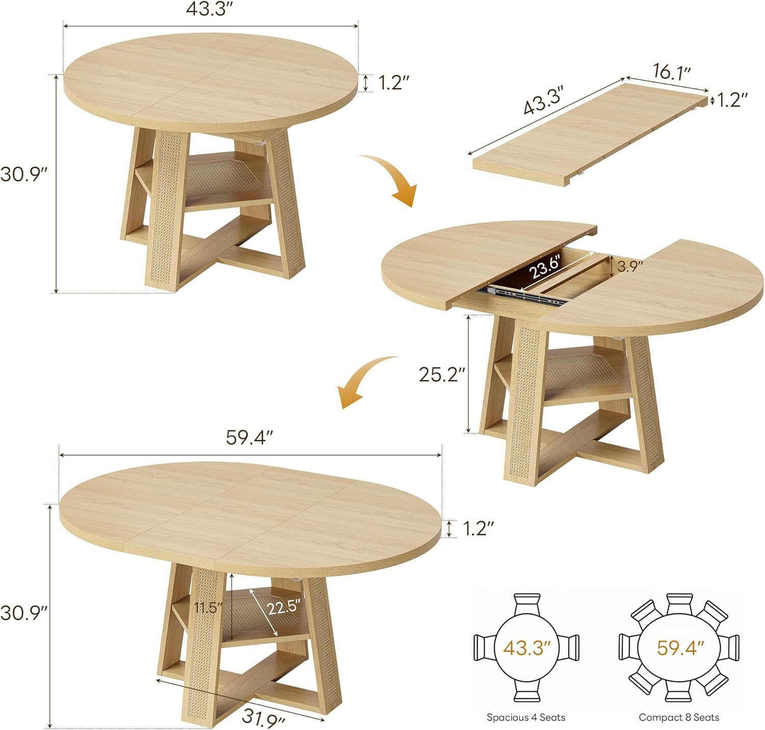 LIKIMIO 43"-59" Extendable Round Dining Table for 4-8, Transformer Oval Dining Room Table with Removable Leaves Space Saving, Wood Base Modern Kitchen Table with Storage Shelf for Living Room, Natural