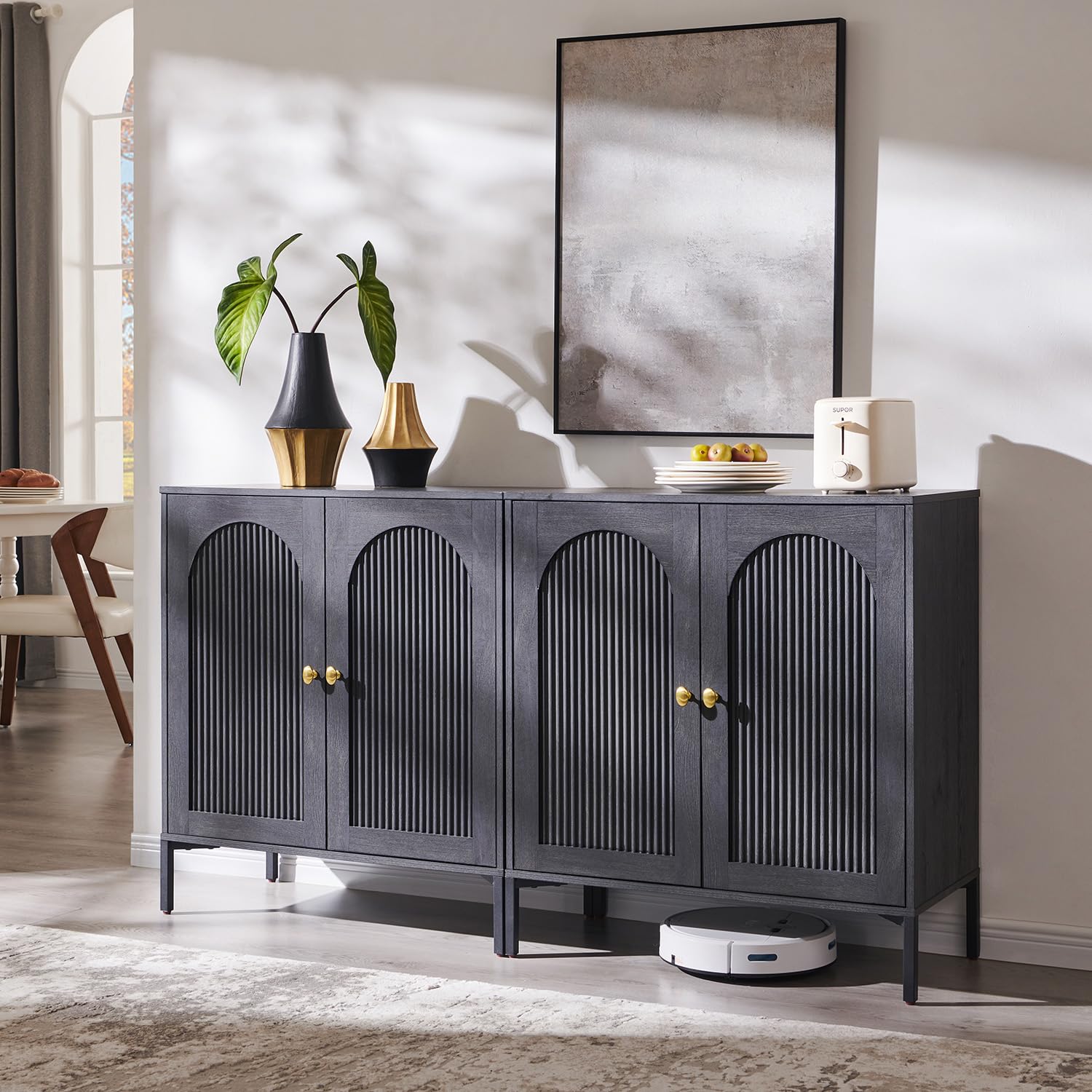 IFGET Modern Buffet Cabinet with Storage, 92.63" W Fluted Arched Sideboard Cabinet w/Adjustable Shelves, Wooden Modular Coffee Bar for Dining Room, Kitchen, Living Room, Entryway, Natural