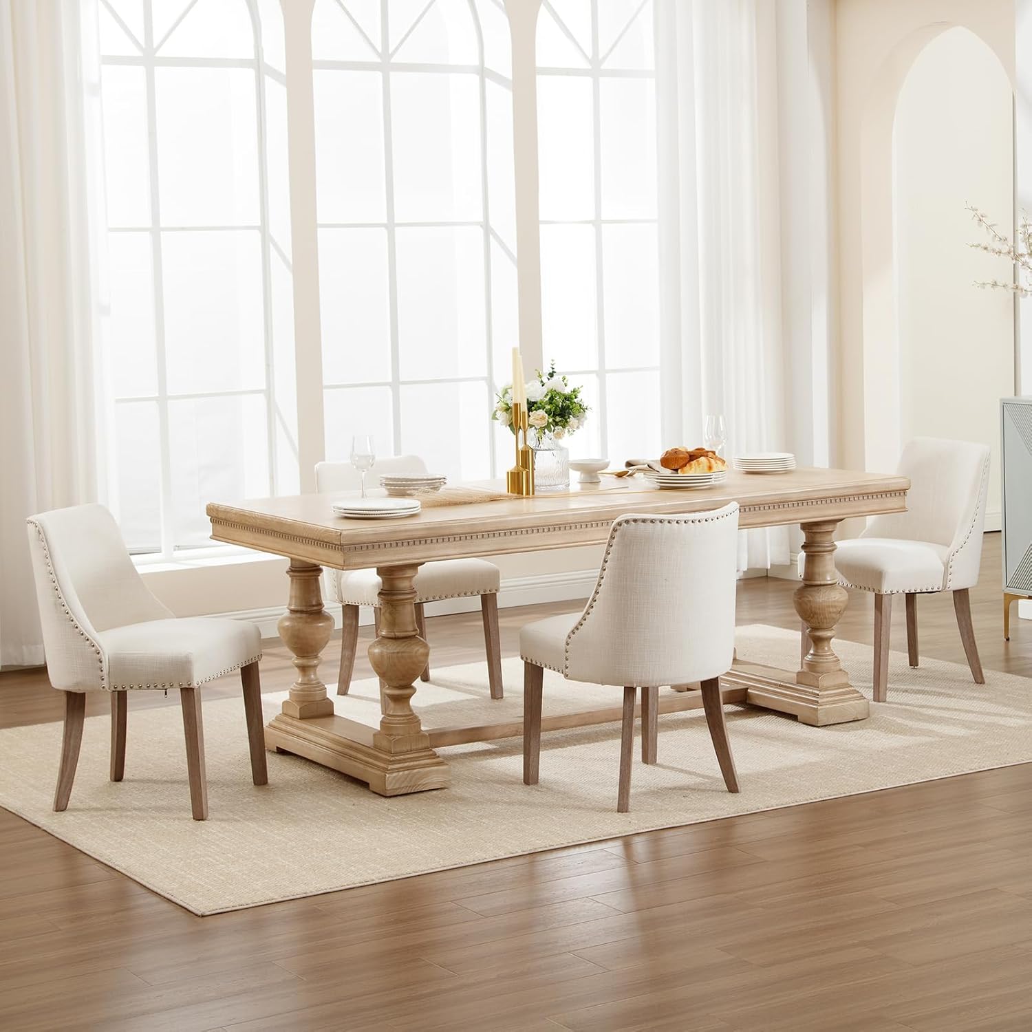 Kmax Fabric Dining Chairs Set of 2 Upholstered Side Chairs Farmhouse Accent Chairs with Nailhead Wood Legs for Dining Room Guest Room Restaurant, Cream