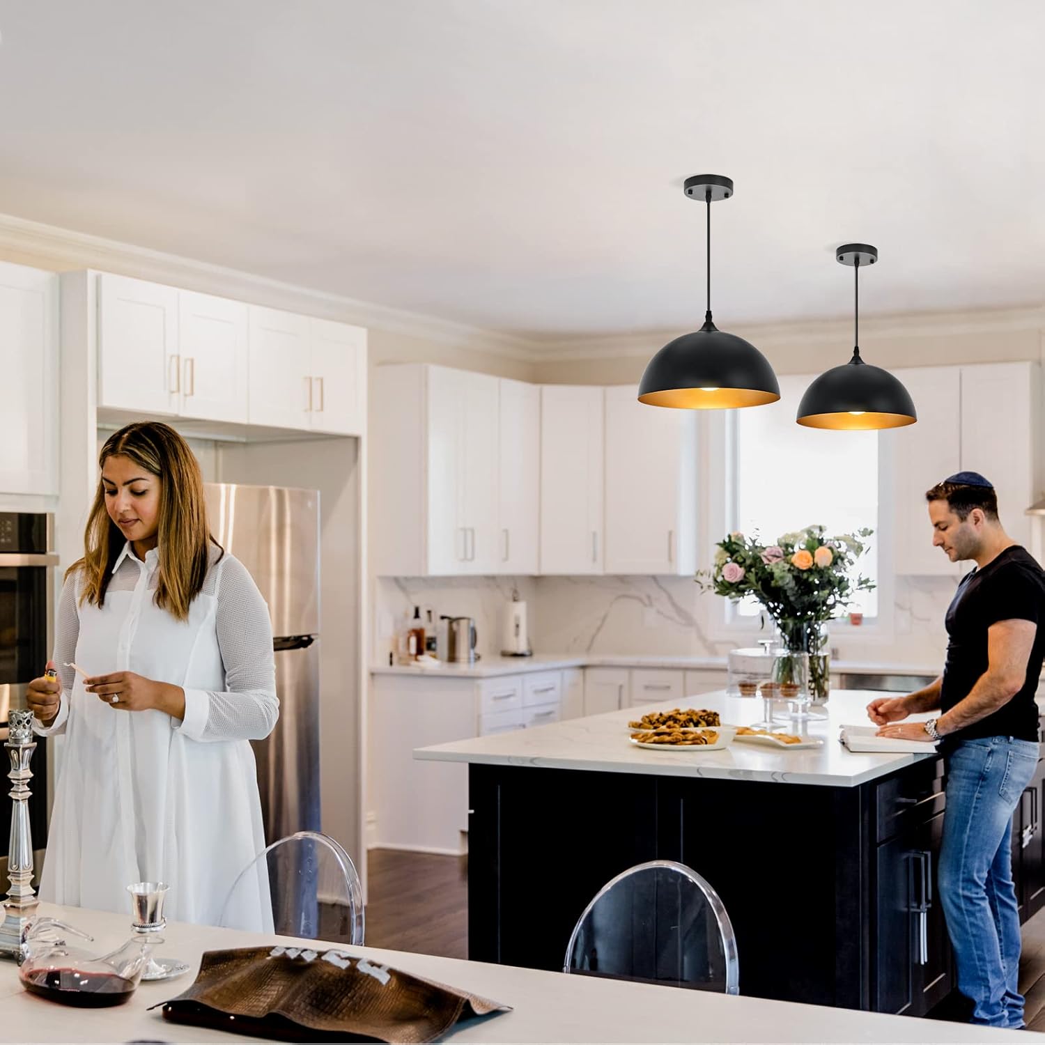 Farmhouse Pendant Lighting for Kitchen Island,Black and Gold Dome Pendant Light Fixtures, Industrial Hanging Ceiling Light for Dining Room Foyer Cafe Kitchen Sink,2 Pack