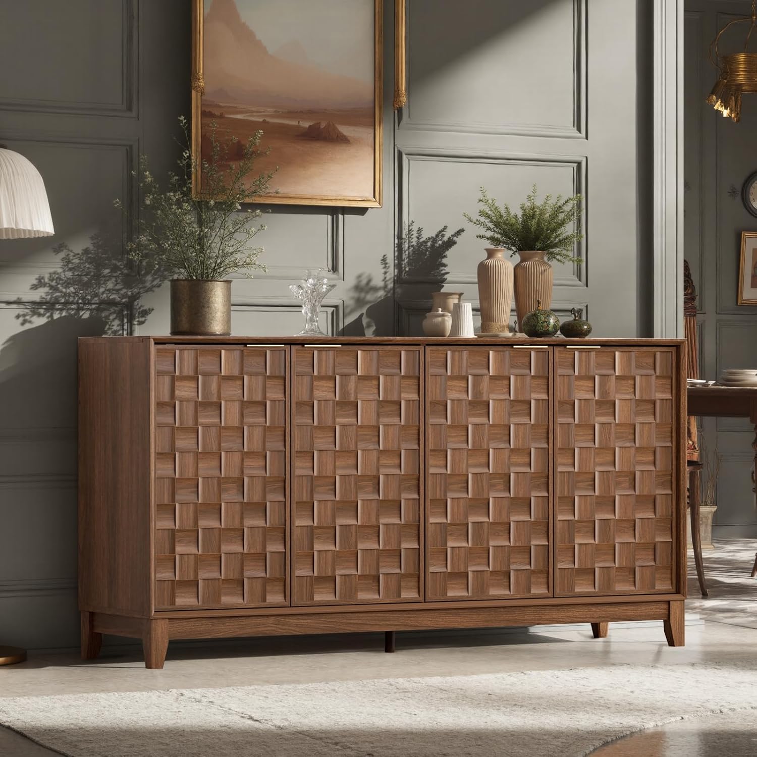 COLAMY Fluted Sideboard Cabinet with Storage – Solid Wood Buffet for Dining Room, Credenza Console with Adjustable Shelves, Walnut Finish, Mid Century Modern Style,Walnut Black