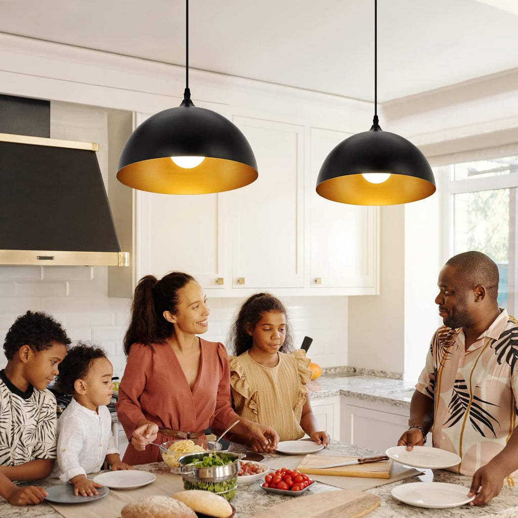 Farmhouse Pendant Lighting for Kitchen Island,Black and Gold Dome Pendant Light Fixtures, Industrial Hanging Ceiling Light for Dining Room Foyer Cafe Kitchen Sink,2 Pack
