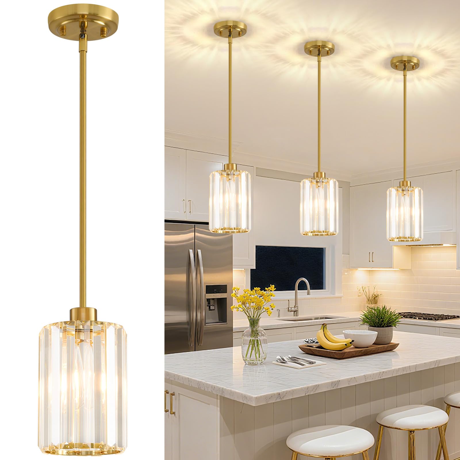 2 Pack Pendant Lights Kitchen Island, Modern Gold Pendant Light Fixtures, Mini Chandelier Crystal Kitchen Island Lighting, Hanging Pendant Lights Fixture for Kitchen Island Dining Room Hallway Foyer
