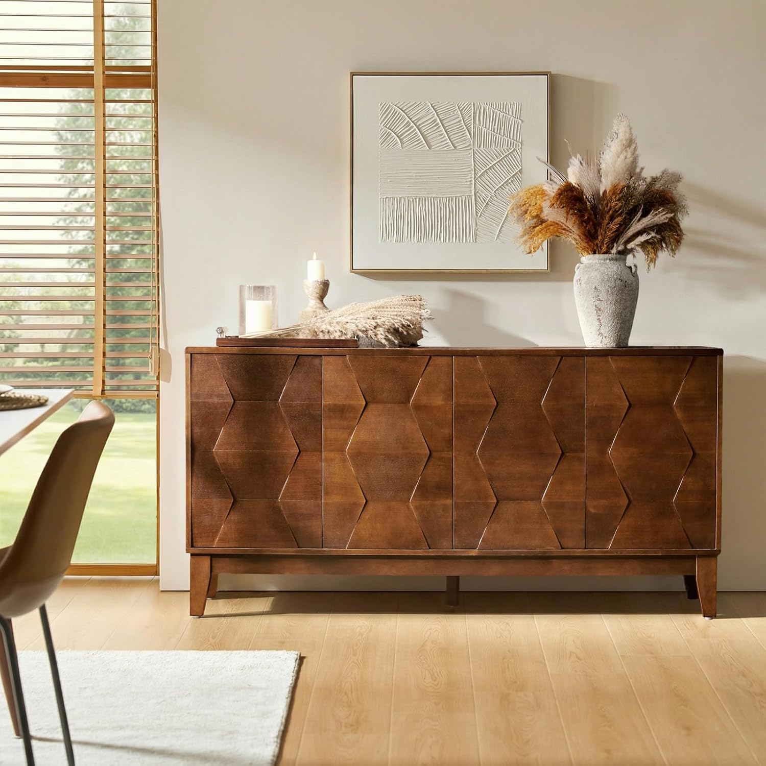 HULALA HOME Mid Century Sideboard Buffet Cabinet with Solid Wood Legs, 60" Kitchen Storage Cabinet Credenza with 4 Doors and 2 Shelves, Accent Console Table, Walnut