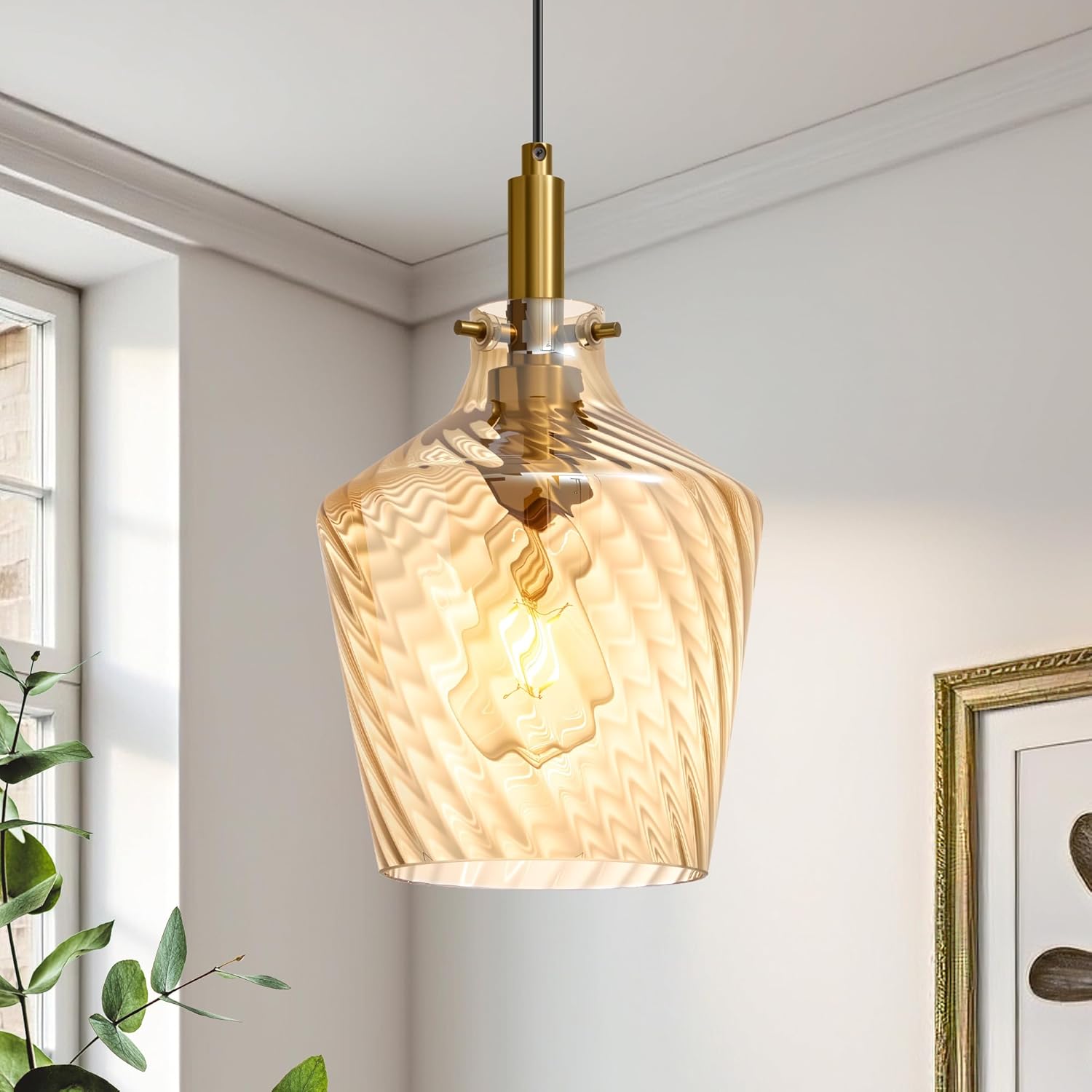 Modern Glass Pendant Lighting for Kitchen Island 2 Pack, Farmhouse Black and Gold Pendant Light Fixtures, Adjustable Hanging Ceiling Light, Angled Clear Glass Shades 8 Inch