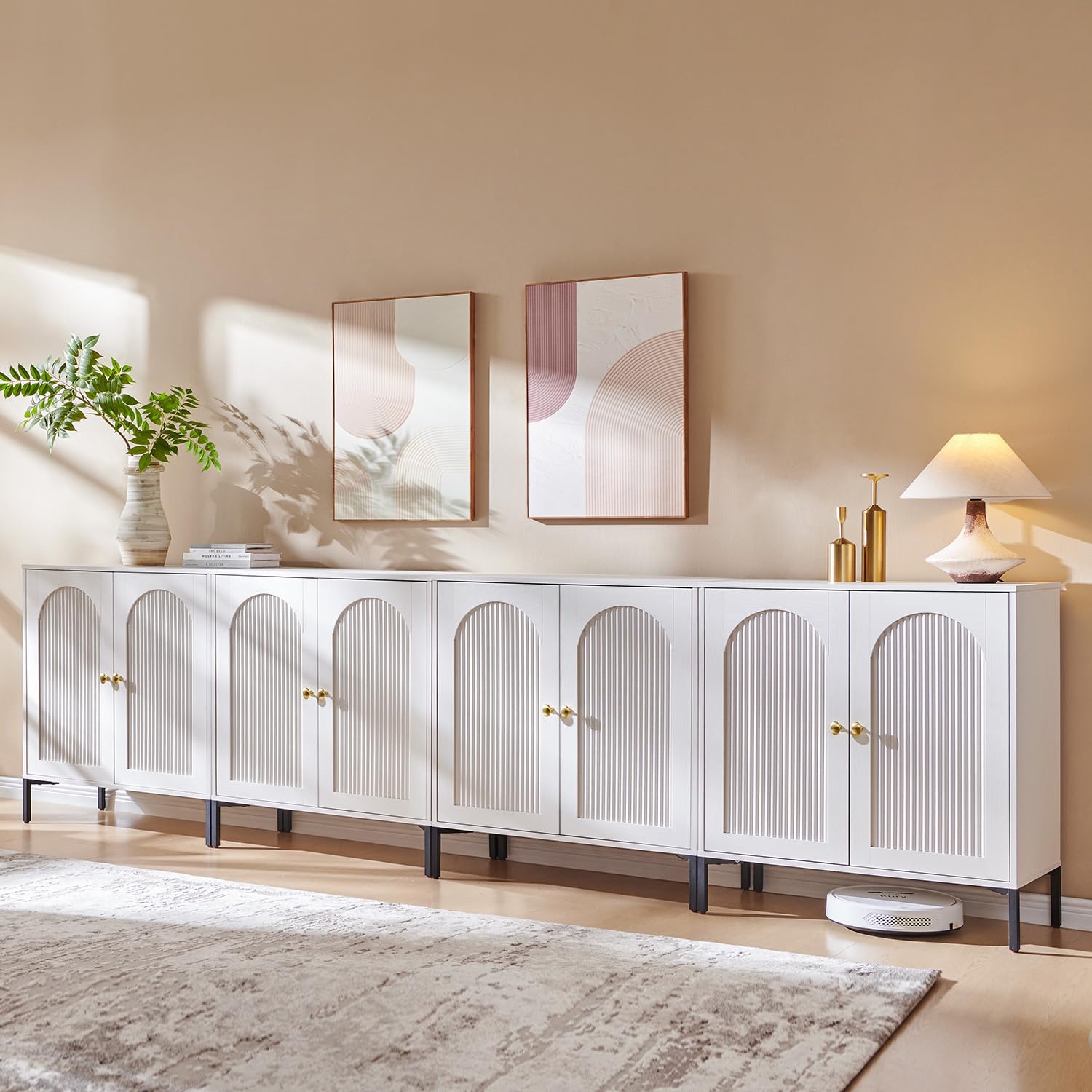 IFGET Modern Buffet Cabinet with Storage, 92.63" W Fluted Arched Sideboard Cabinet w/Adjustable Shelves, Wooden Modular Coffee Bar for Dining Room, Kitchen, Living Room, Entryway, Natural