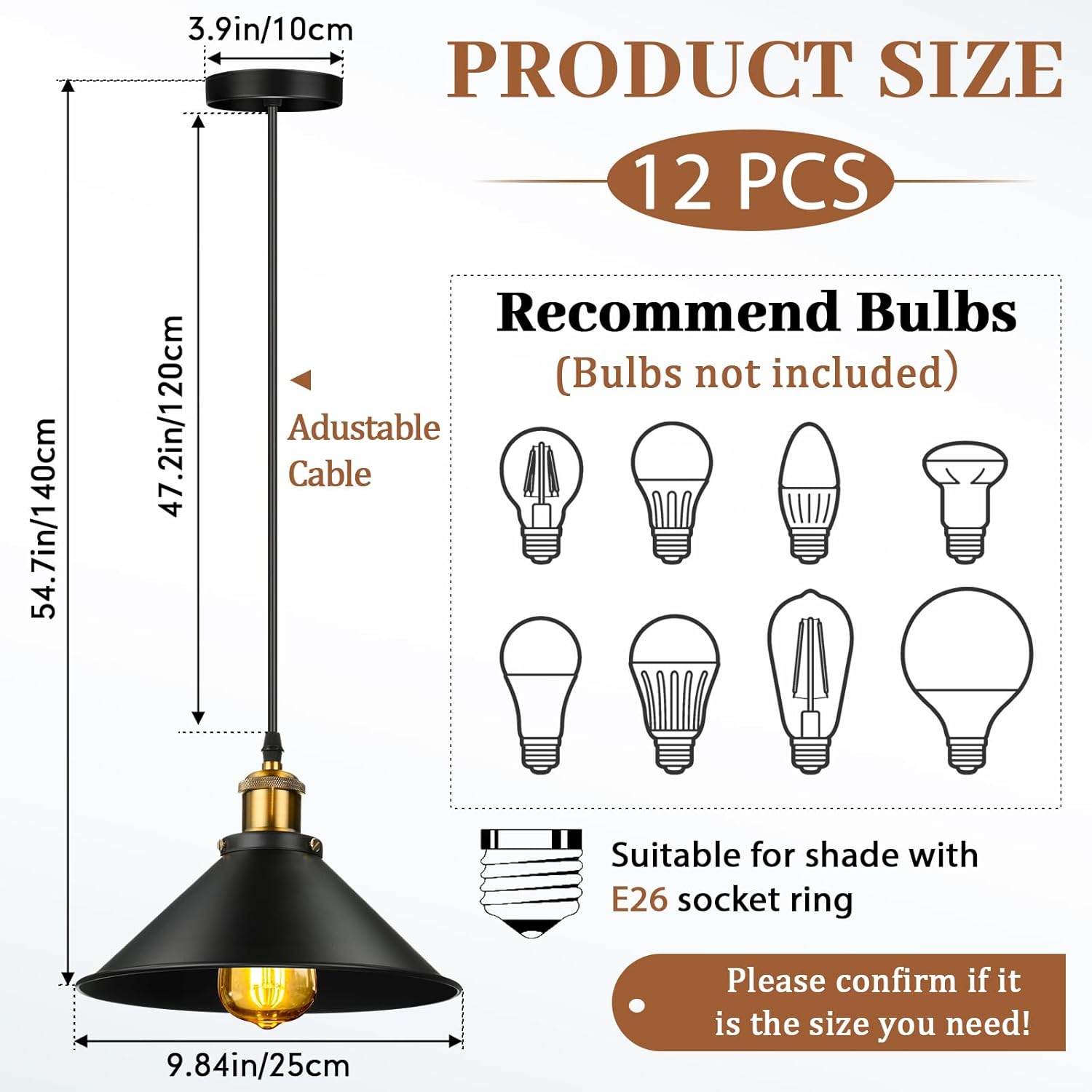 Retisee Black Industrial Pendant Light Vintage Metal E26 Base Hanging Light Rustic Dome Pendant Lamp Fixture Farmhouse Kitchen Hanging Ceiling Lamp for Dining Room Bedroom Hallway Bar (12 Pcs)