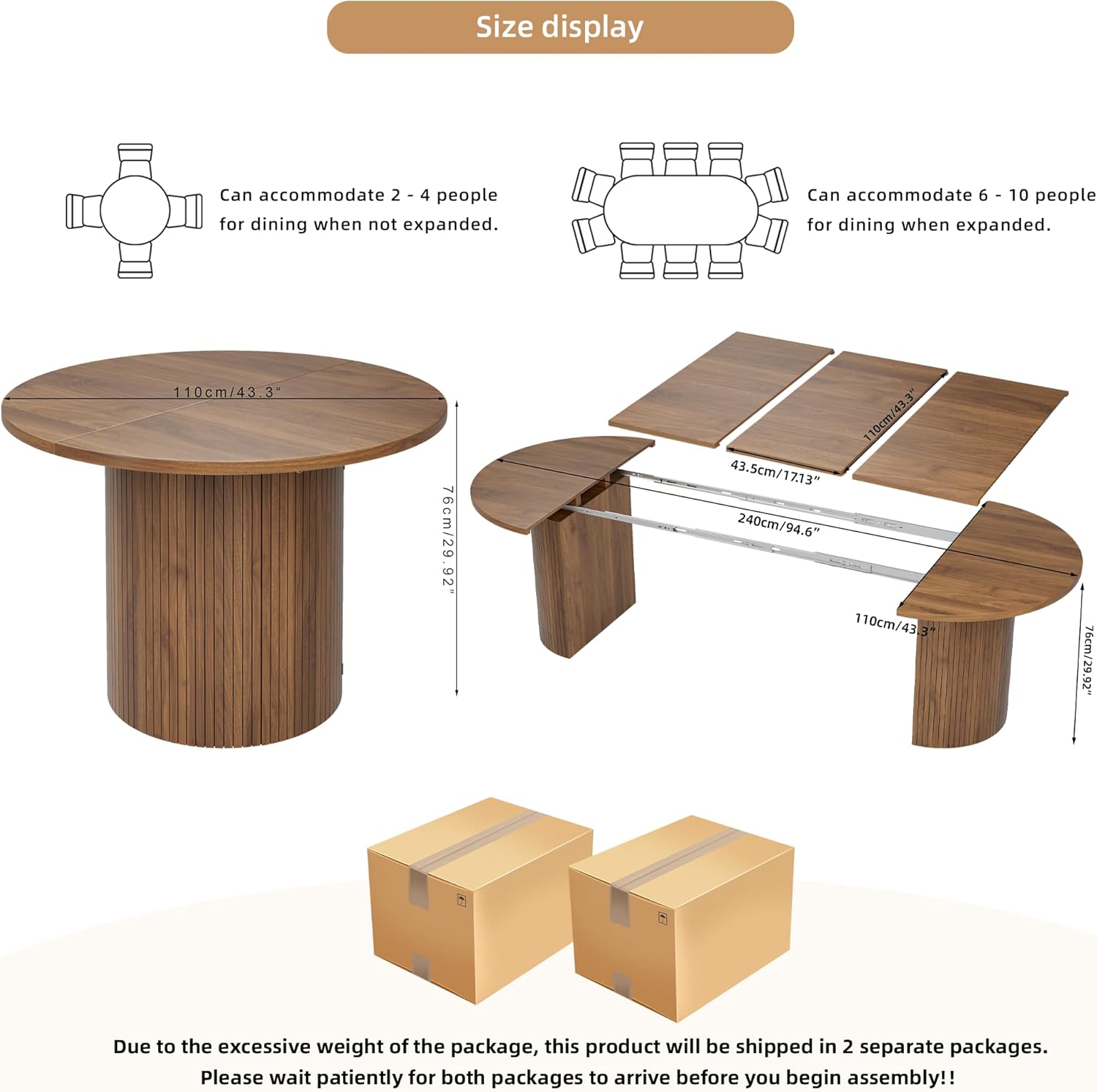 43-95 Inch Long Round Extendable Dining Table for 4-10, Space Saving Oval Large Dinner Kitchen Table with 3 Leaf, 2 Storage, Fluted Mid Century Modern Dining Room Table for Living Room, Walnut