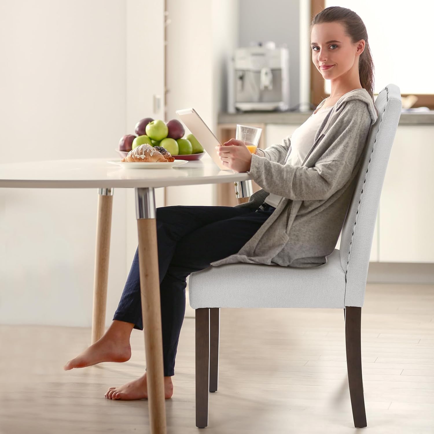 DUMOS Upholstered Dining Chairs，Set of 6 Fabric Dining Room Kitchen Chair with Nailhead Trim and Wood Legs, Modern Side Chairs for Living Light Grey