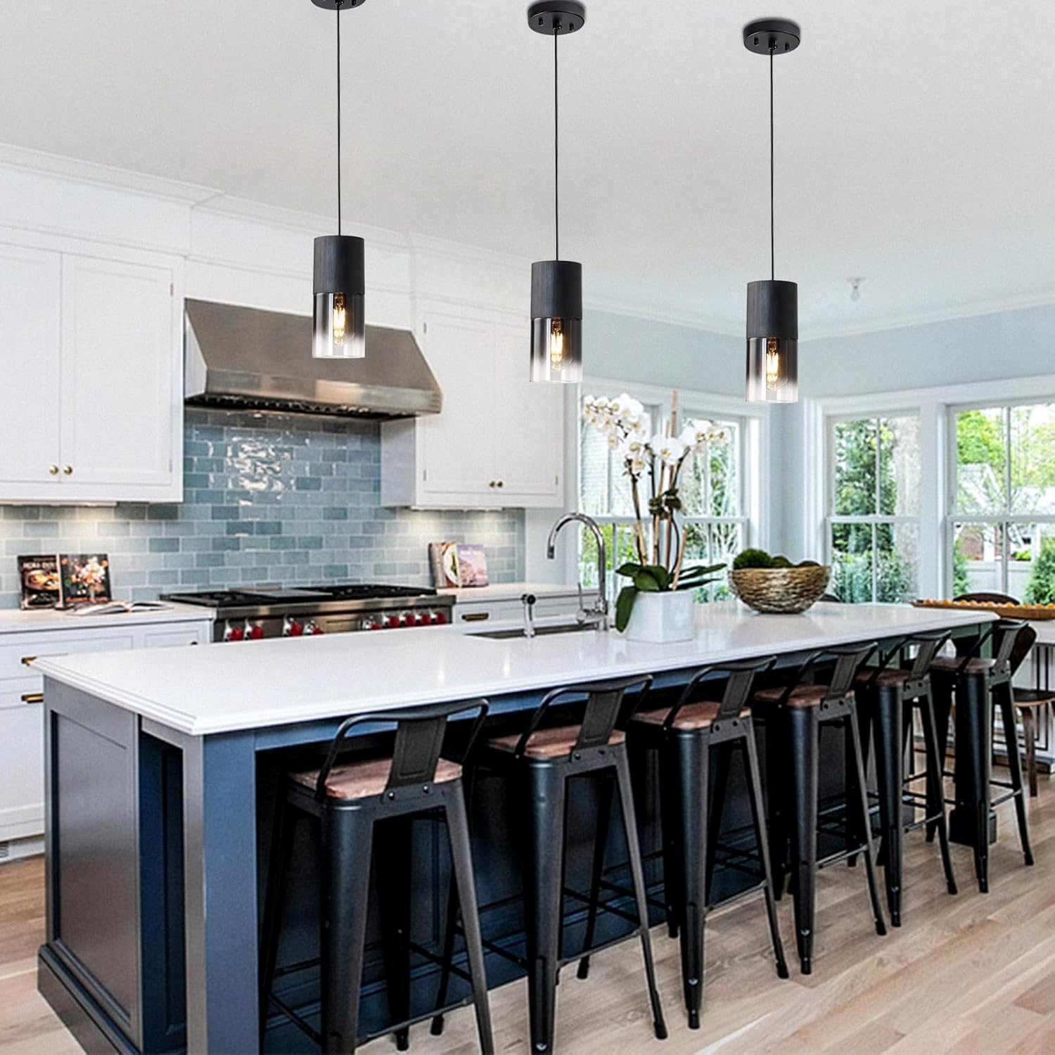 3-Pack Black Pendant Light Fixtures, Adjustable Modern Pendant Lights for Kitchen Island, Industrial Glass Pendant Lights for Dining Table Hallway Bedroom Living Room