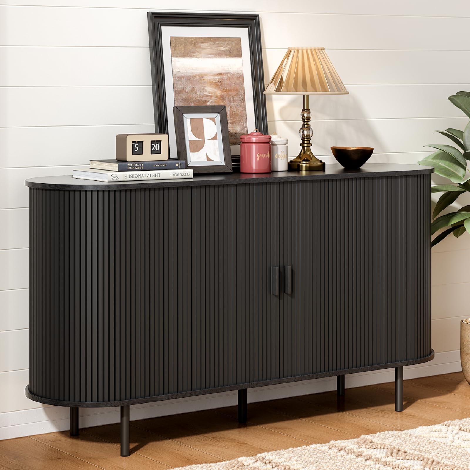ONBRILL 55" Sideboard Buffet Cabinet with Storage, Sliding Door & Adjustable Shelf, Modern Accent Coffee Bar Console Table for Kitchen, Entryway, Walnut