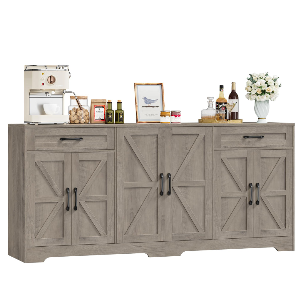 BOTLOG 71” Large Sideboard Buffet Cabinet with Storage, Farmhouse Kitchen Buffet Cabinet with Adjustable Shelves and 6 Barn Doors, Wood Coffee Wine Bar Console Table for Kitchen, Dining Room, White