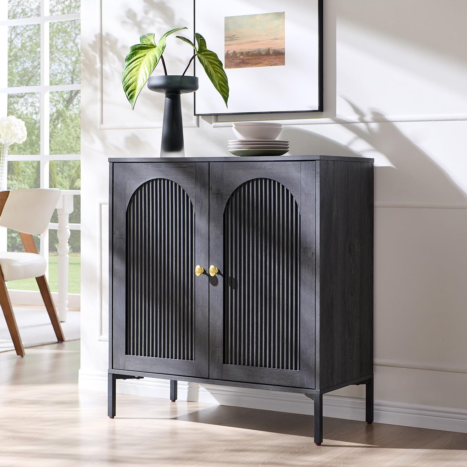IFGET Modern Buffet Cabinet with Storage, 92.63" W Fluted Arched Sideboard Cabinet w/Adjustable Shelves, Wooden Modular Coffee Bar for Dining Room, Kitchen, Living Room, Entryway, Natural
