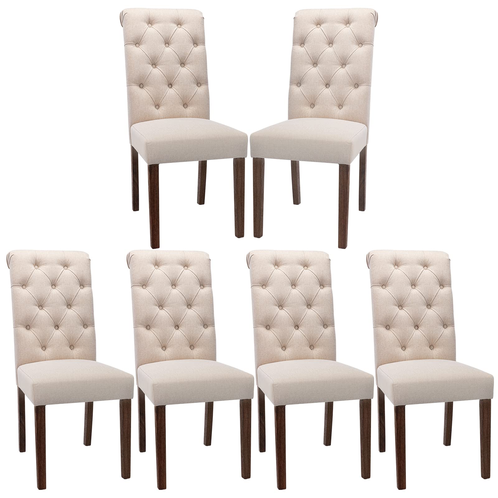 COLAMY Button Tufted Dining Chairs Set of 6, Parsons Upholstered Fabric Dining Room Chairs Kitchen Chairs with Wood Legs and Padded Seat, Taupe