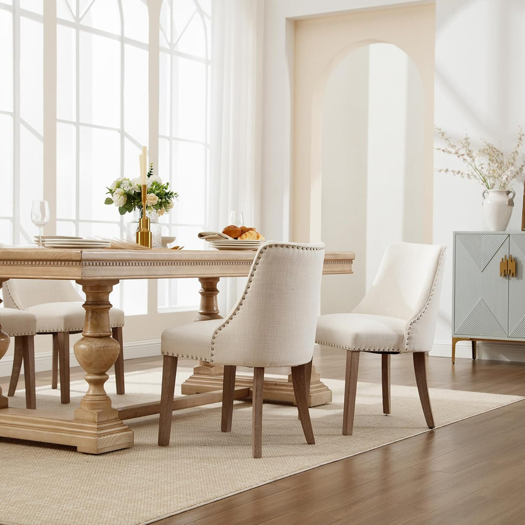 Kmax Fabric Dining Chairs Set of 2 Upholstered Side Chairs Farmhouse Accent Chairs with Nailhead Wood Legs for Dining Room Guest Room Restaurant, Cream