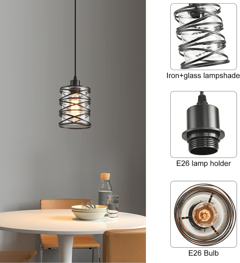 3 Pack Pendant Light Kitchen Island Pendant Lighting, Glass Hanging Light with Spiral Cage Clear Glass Shade, Black Modern Indoor Hanging Lamp