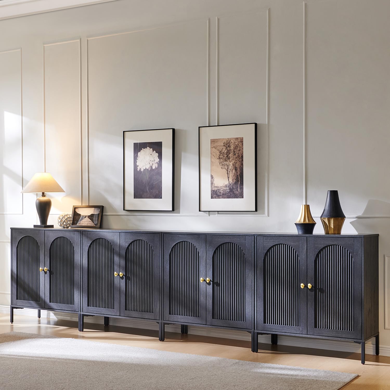 IFGET Modern Buffet Cabinet with Storage, 92.63" W Fluted Arched Sideboard Cabinet w/Adjustable Shelves, Wooden Modular Coffee Bar for Dining Room, Kitchen, Living Room, Entryway, Natural