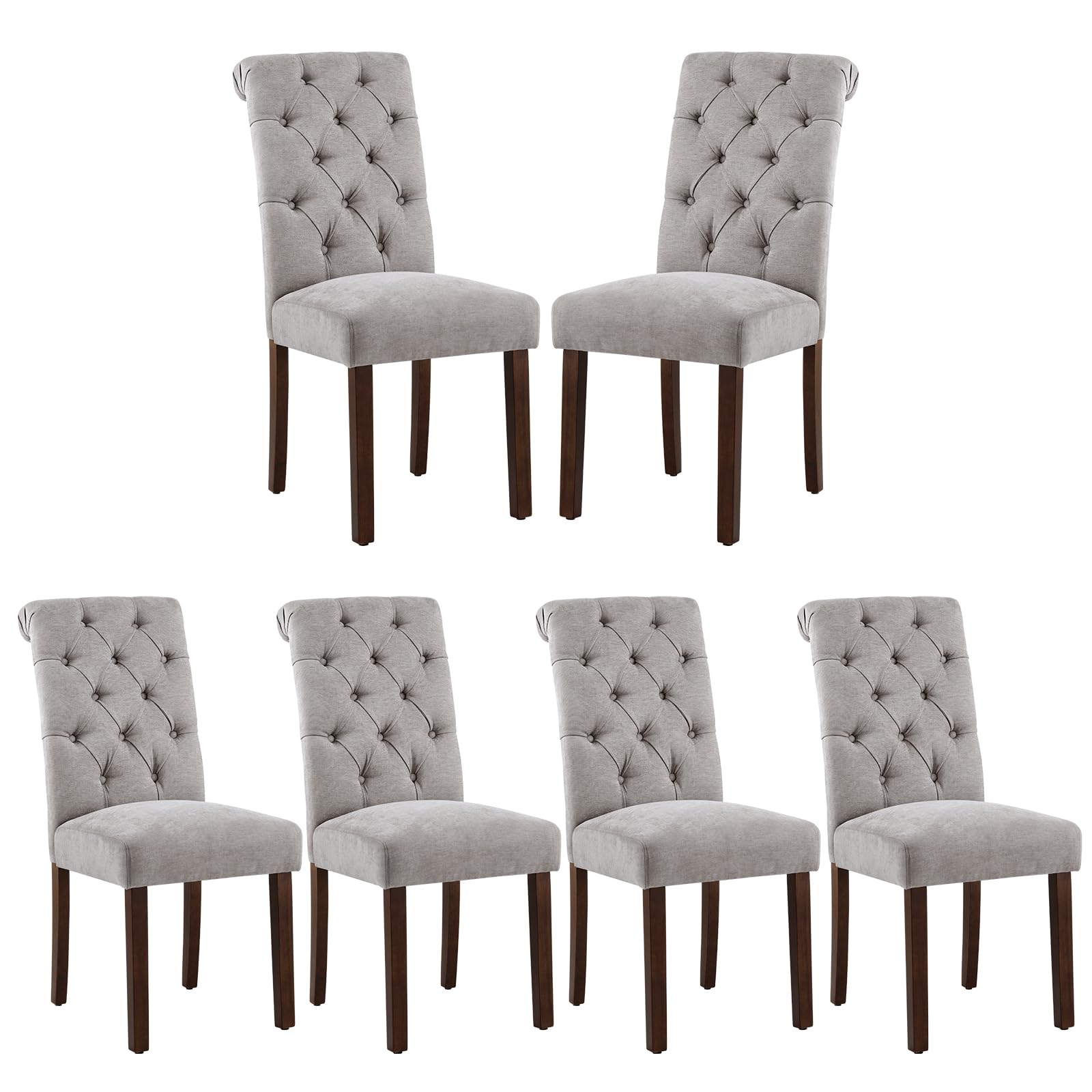 COLAMY Button Tufted Dining Chairs Set of 6, Parsons Upholstered Fabric Dining Room Chairs Kitchen Chairs with Wood Legs and Padded Seat, Taupe