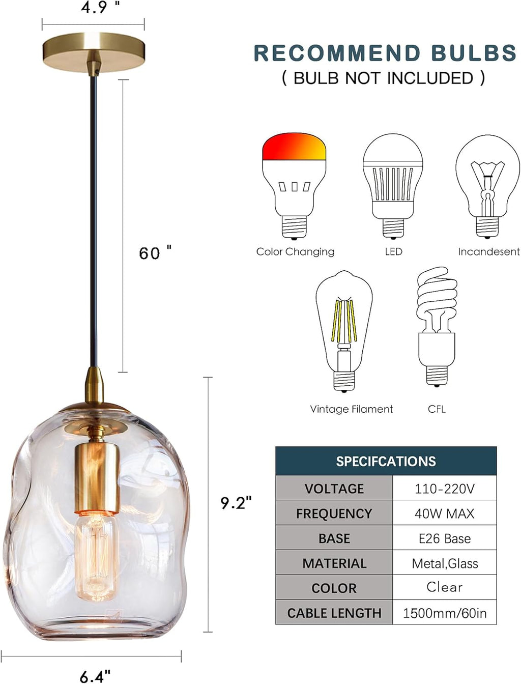 CASAMOTION Pendant Lights Kitchen Island 2 Pack Modern Contemporary Clear Glass Organic Globe Brass Gold Hanging Light Adjustable Cord Bedroom Dining Table Small Medium Lamp 8 Inch Height