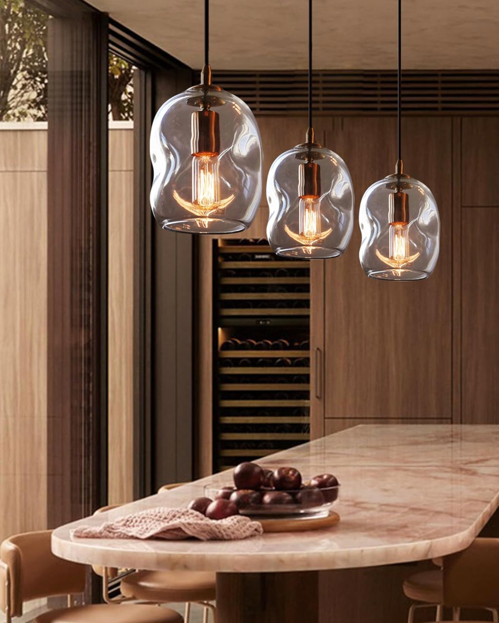 CASAMOTION Pendant Lights Kitchen Island 2 Pack Modern Contemporary Clear Glass Organic Globe Brass Gold Hanging Light Adjustable Cord Bedroom Dining Table Small Medium Lamp 8 Inch Height