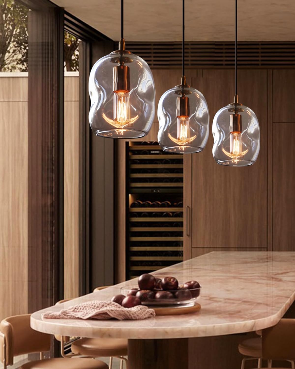 CASAMOTION Pendant Lights Kitchen Island 2 Pack Modern Contemporary Clear Glass Organic Globe Brass Gold Hanging Light Adjustable Cord Bedroom Dining Table Small Medium Lamp 8 Inch Height