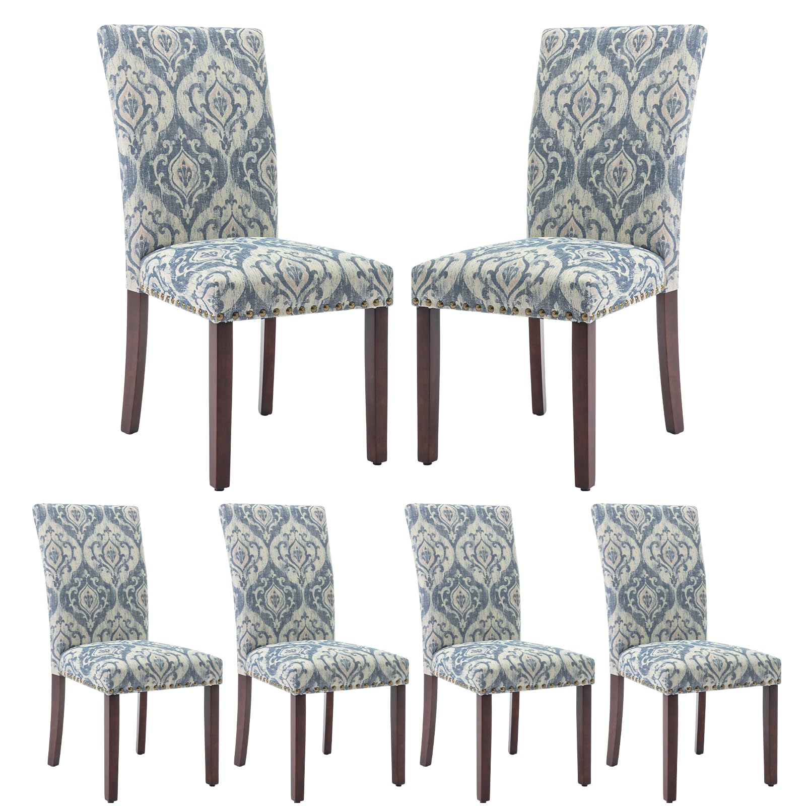 COLAMY Upholstered Fabric Dining Chairs Set of 6, High Back Padded Chairs w/Nailed Trim & Solid Wood Legs, Classic Parsons Chairs Side Chair for Home/Kitchen/Living Room-Beige (A420-BEIGE-6pcs)