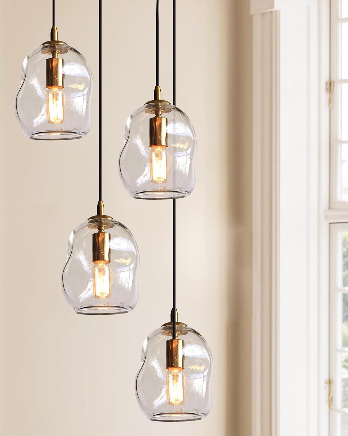 CASAMOTION Pendant Lights Kitchen Island 2 Pack Modern Contemporary Clear Glass Organic Globe Brass Gold Hanging Light Adjustable Cord Bedroom Dining Table Small Medium Lamp 8 Inch Height