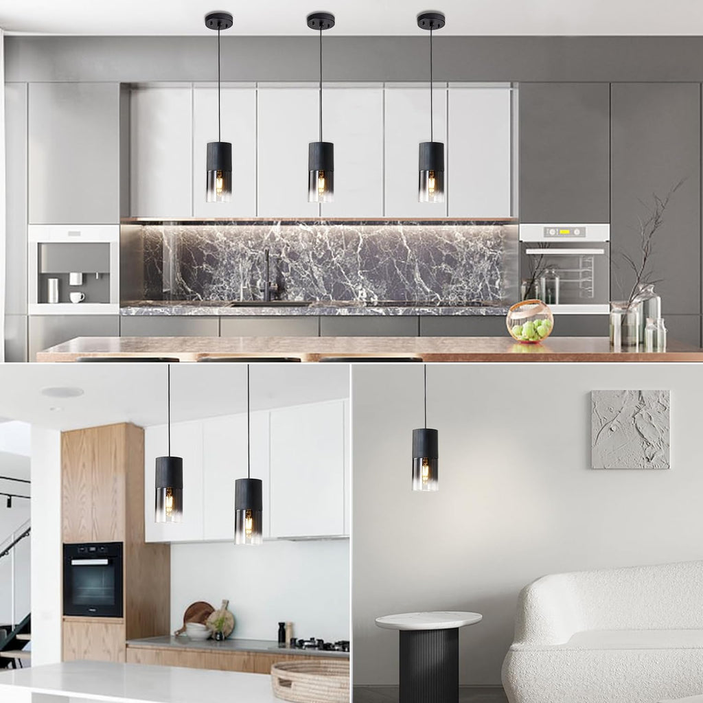 3-Pack Black Pendant Light Fixtures, Adjustable Modern Pendant Lights for Kitchen Island, Industrial Glass Pendant Lights for Dining Table Hallway Bedroom Living Room