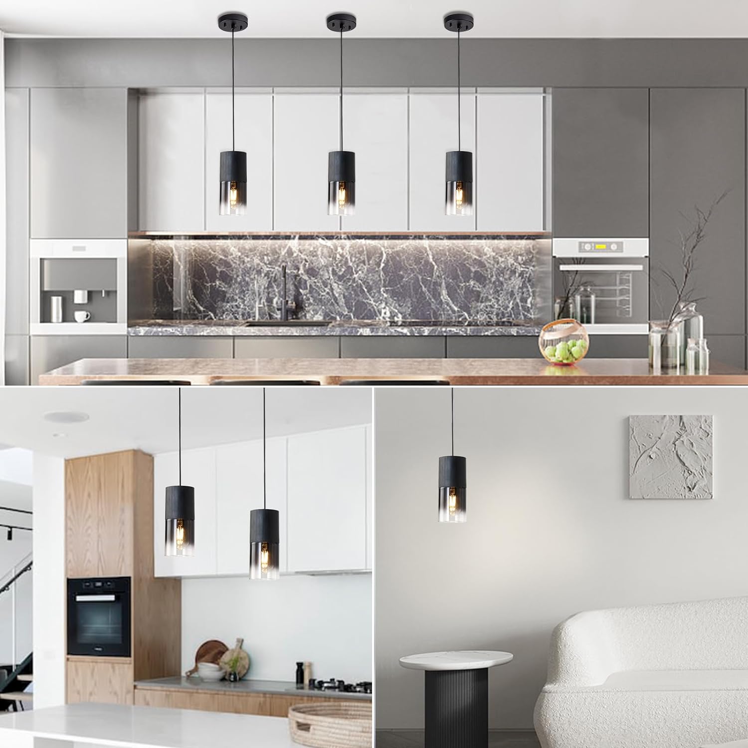 3-Pack Black Pendant Light Fixtures, Adjustable Modern Pendant Lights for Kitchen Island, Industrial Glass Pendant Lights for Dining Table Hallway Bedroom Living Room