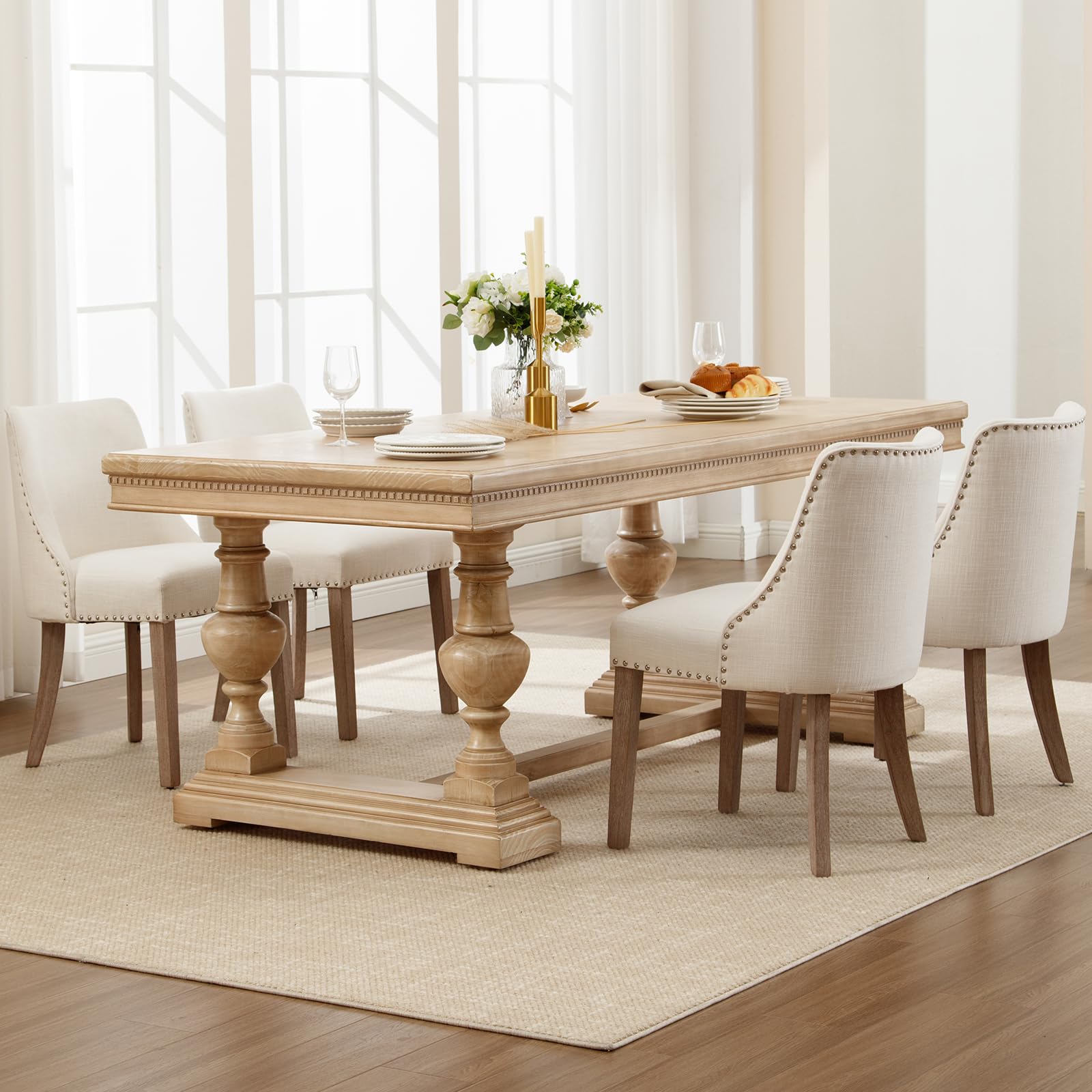 Kmax Fabric Dining Chairs Set of 2 Upholstered Side Chairs Farmhouse Accent Chairs with Nailhead Wood Legs for Dining Room Guest Room Restaurant, Cream