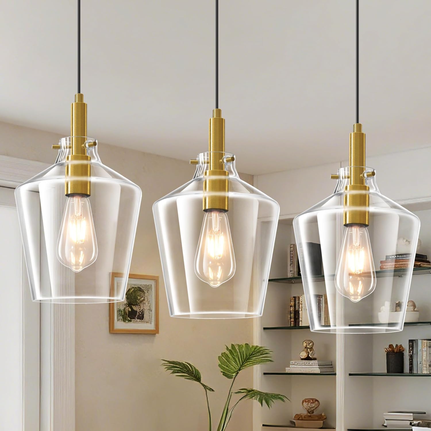Modern Glass Pendant Lighting for Kitchen Island 2 Pack, Farmhouse Black and Gold Pendant Light Fixtures, Adjustable Hanging Ceiling Light, Angled Clear Glass Shades 8 Inch