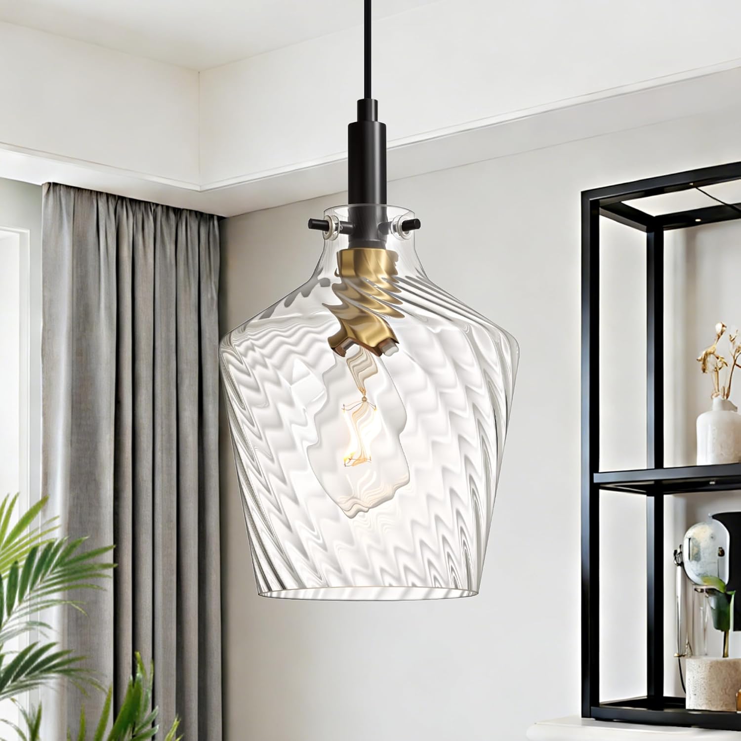 Modern Glass Pendant Lighting for Kitchen Island 2 Pack, Farmhouse Black and Gold Pendant Light Fixtures, Adjustable Hanging Ceiling Light, Angled Clear Glass Shades 8 Inch