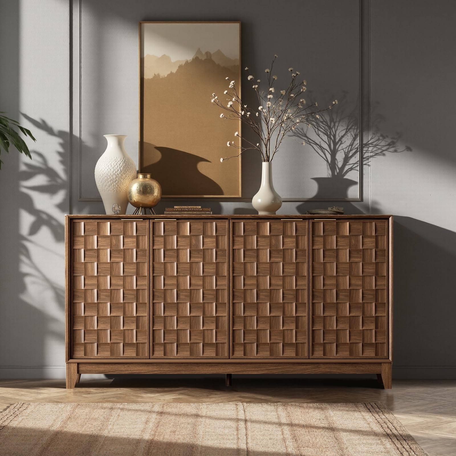 COLAMY Fluted Sideboard Cabinet with Storage – Solid Wood Buffet for Dining Room, Credenza Console with Adjustable Shelves, Walnut Finish, Mid Century Modern Style,Walnut Black