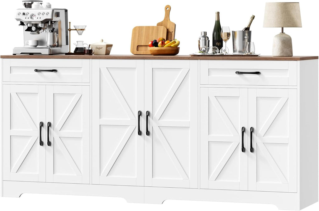BOTLOG 71” Large Sideboard Buffet Cabinet with Storage, Farmhouse Kitchen Buffet Cabinet with Adjustable Shelves and 6 Barn Doors, Wood Coffee Wine Bar Console Table for Kitchen, Dining Room, White