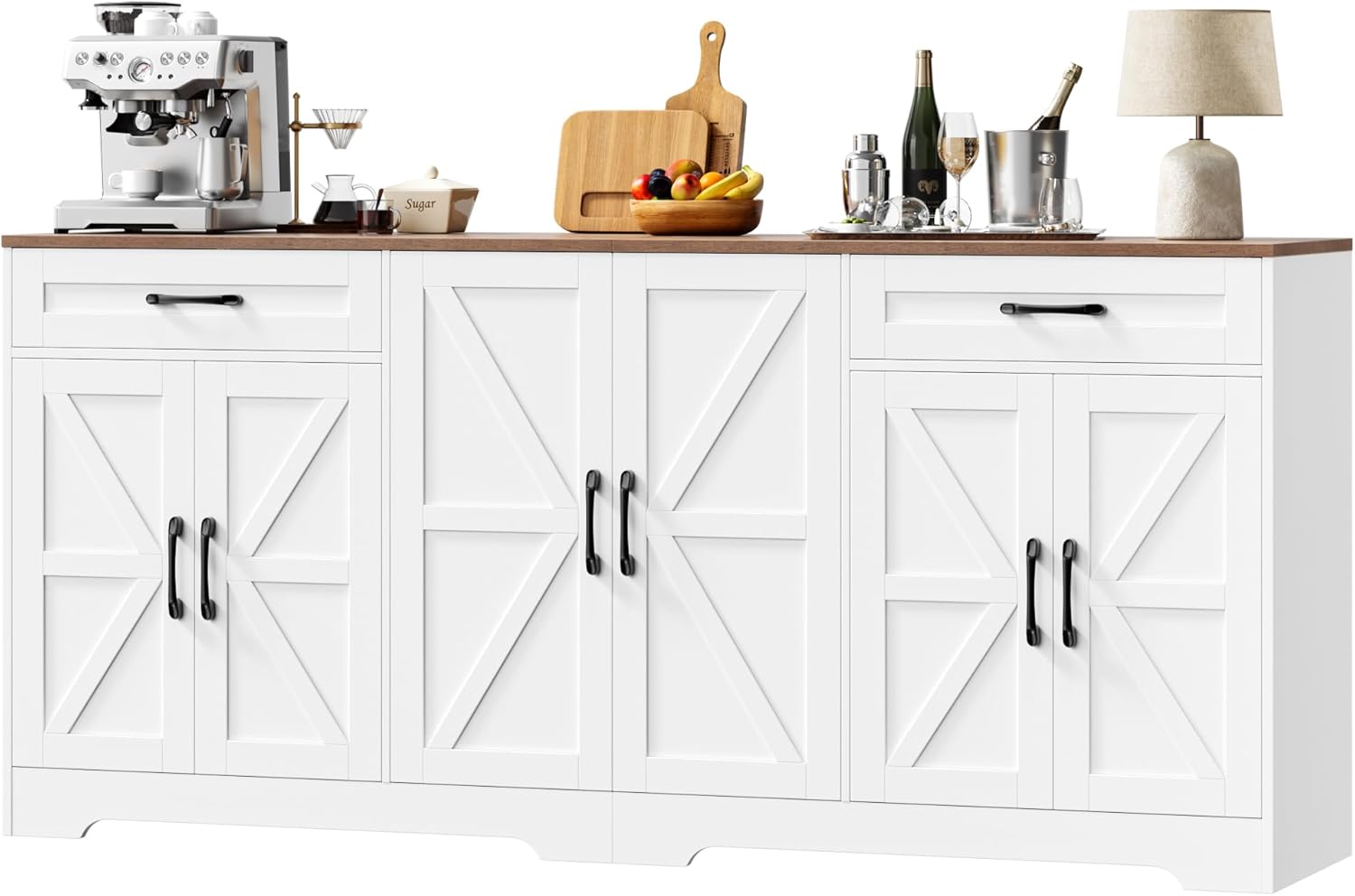 BOTLOG 71” Large Sideboard Buffet Cabinet with Storage, Farmhouse Kitchen Buffet Cabinet with Adjustable Shelves and 6 Barn Doors, Wood Coffee Wine Bar Console Table for Kitchen, Dining Room, White