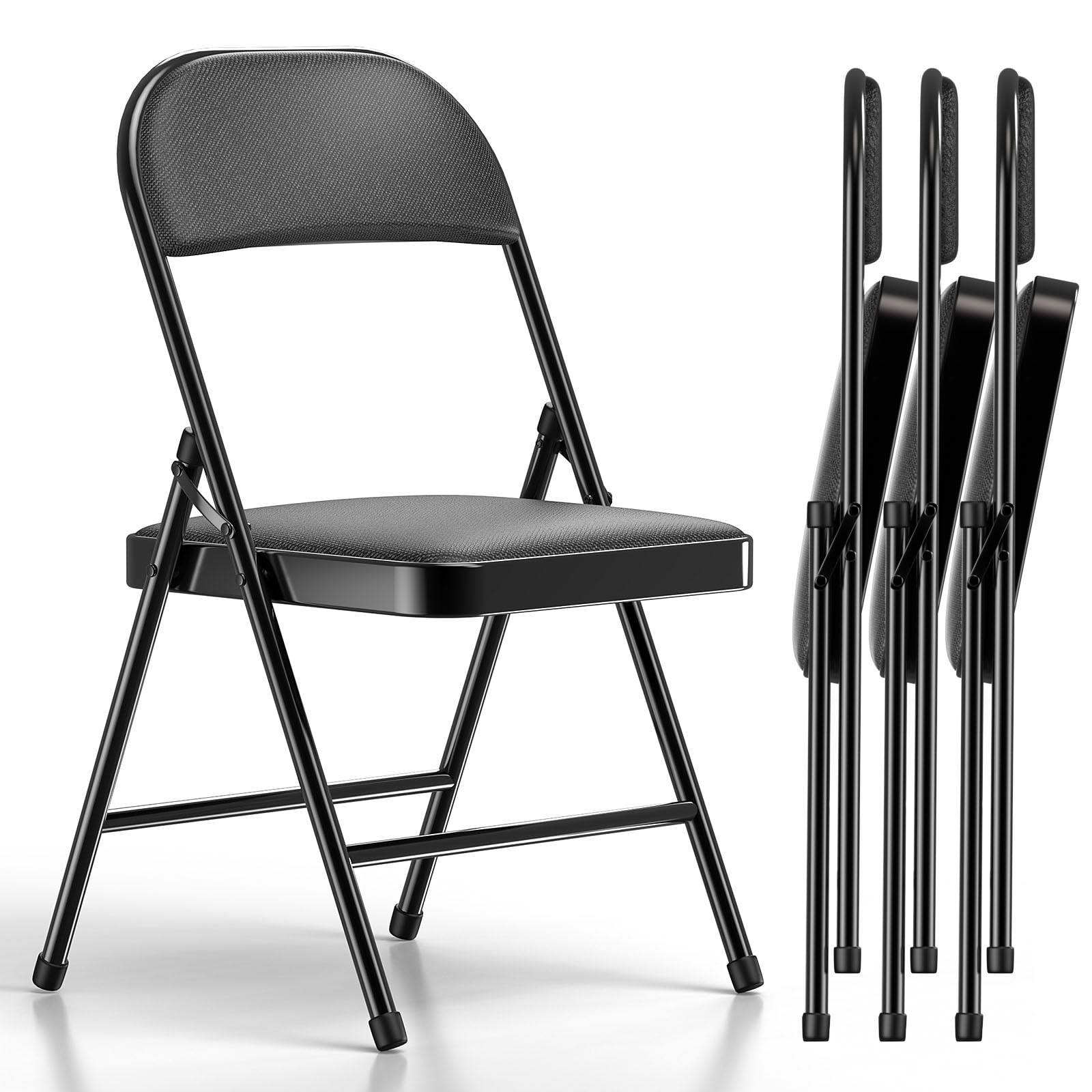 Nazhura 4 Pack Folding Chairs, Fabric Dining Chair Set with Padded Cushion and Back, Indoor Outdoo Seat for Home Office Events Wedding Party (Oatmeal Strip Fabric Seating)