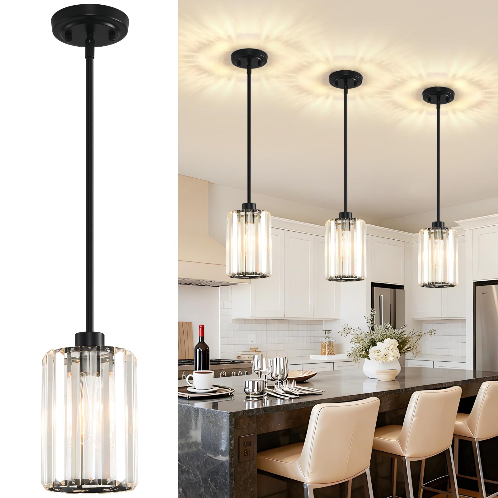 2 Pack Pendant Lights Kitchen Island, Modern Gold Pendant Light Fixtures, Mini Chandelier Crystal Kitchen Island Lighting, Hanging Pendant Lights Fixture for Kitchen Island Dining Room Hallway Foyer