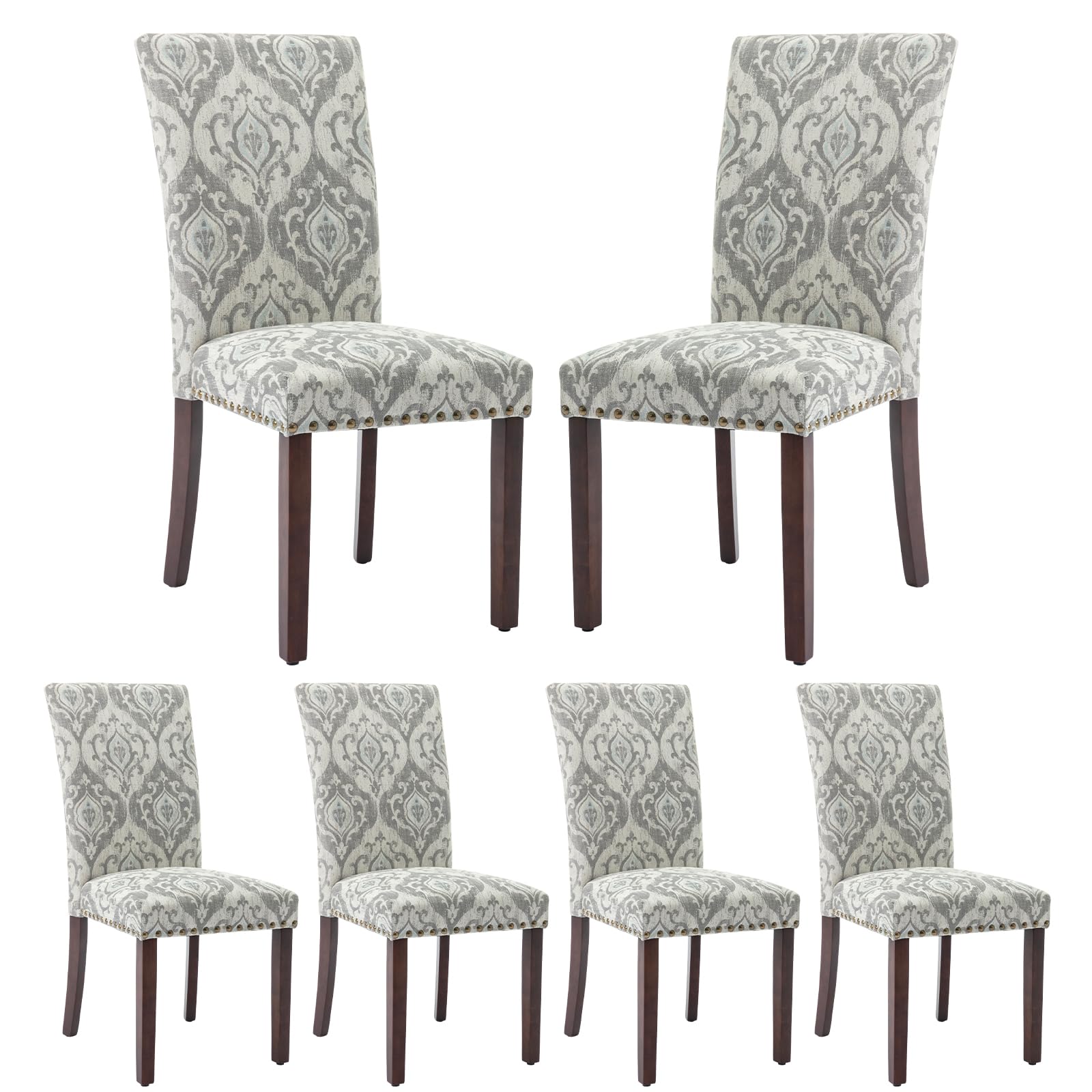 COLAMY Upholstered Fabric Dining Chairs Set of 6, High Back Padded Chairs w/Nailed Trim & Solid Wood Legs, Classic Parsons Chairs Side Chair for Home/Kitchen/Living Room-Beige (A420-BEIGE-6pcs)