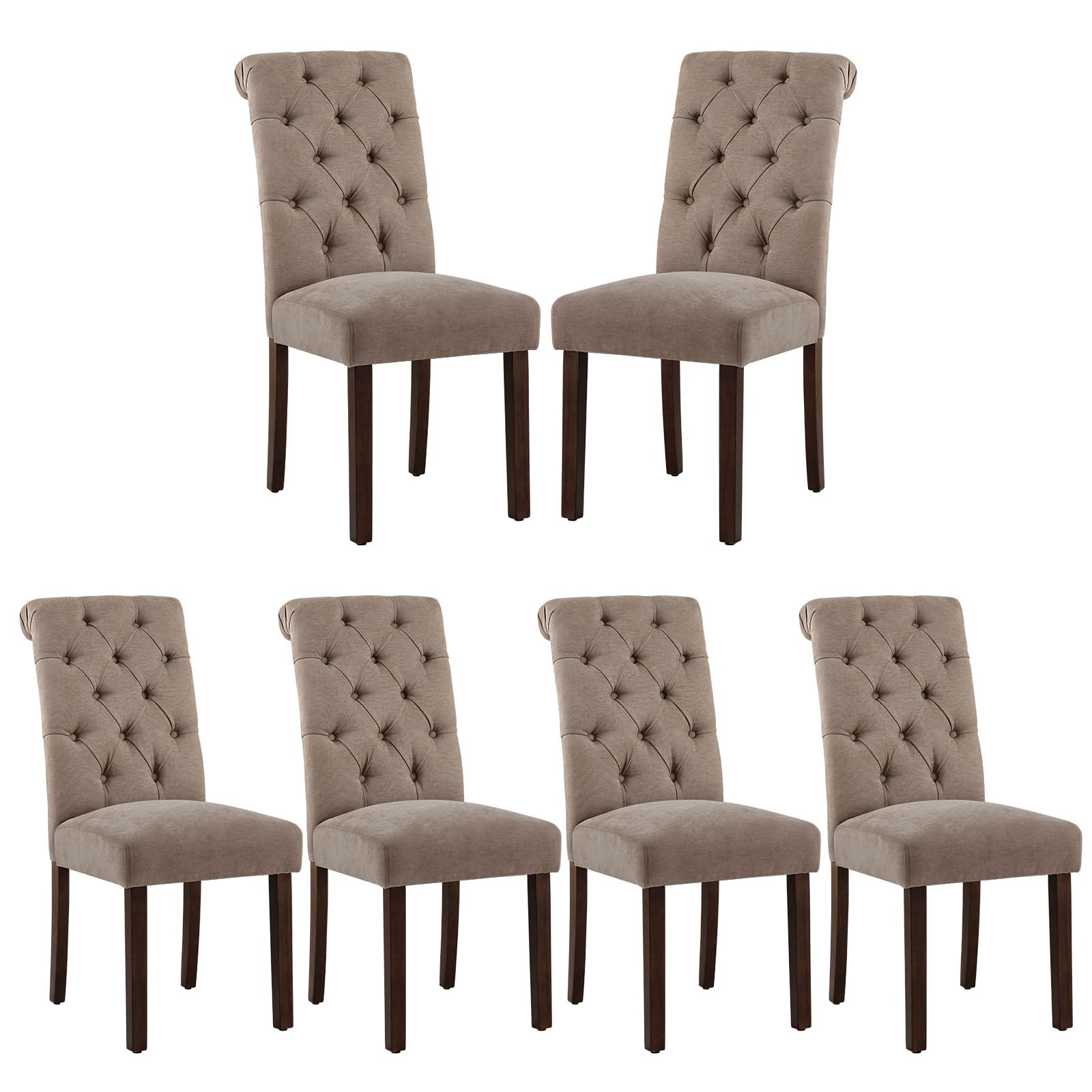 COLAMY Button Tufted Dining Chairs Set of 6, Parsons Upholstered Fabric Dining Room Chairs Kitchen Chairs with Wood Legs and Padded Seat, Taupe