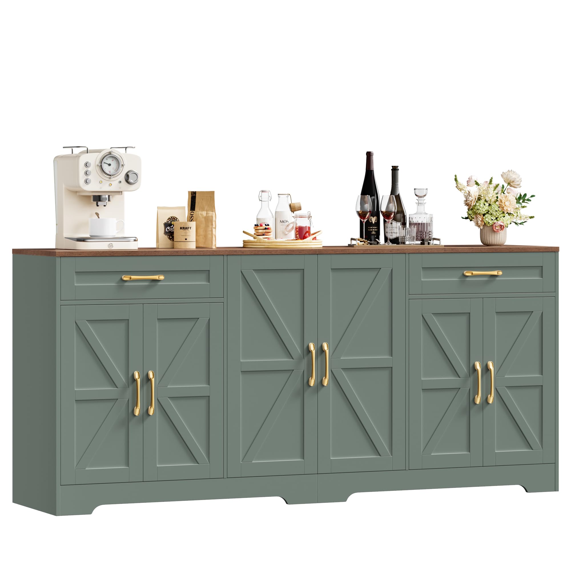 BOTLOG 71” Large Sideboard Buffet Cabinet with Storage, Farmhouse Kitchen Buffet Cabinet with Adjustable Shelves and 6 Barn Doors, Wood Coffee Wine Bar Console Table for Kitchen, Dining Room, White