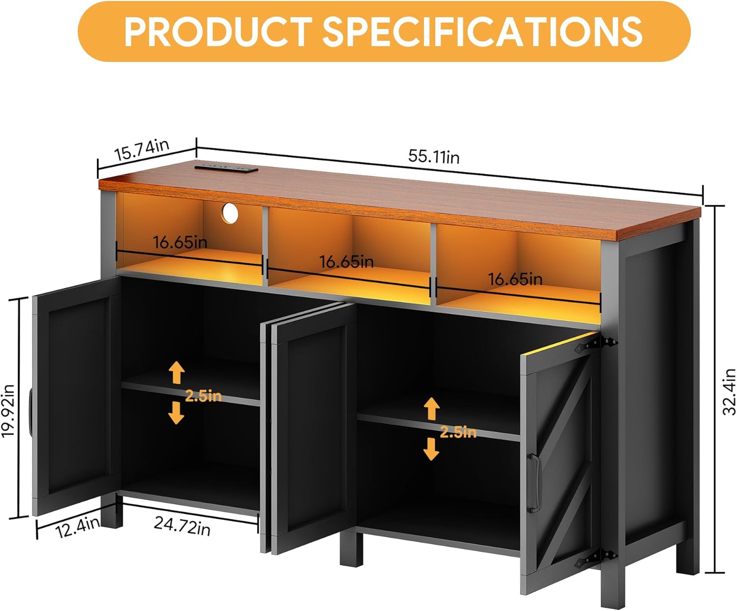knoworld Buffet Sideboard with Storage with Power Outlets & LED Light 4 Doors, 55'' Large Farmhouse Kitchen Storage Cabinet Wood Coffee Bar Cabinet Buffet Table for Kitchen, Dining Room, Entryway