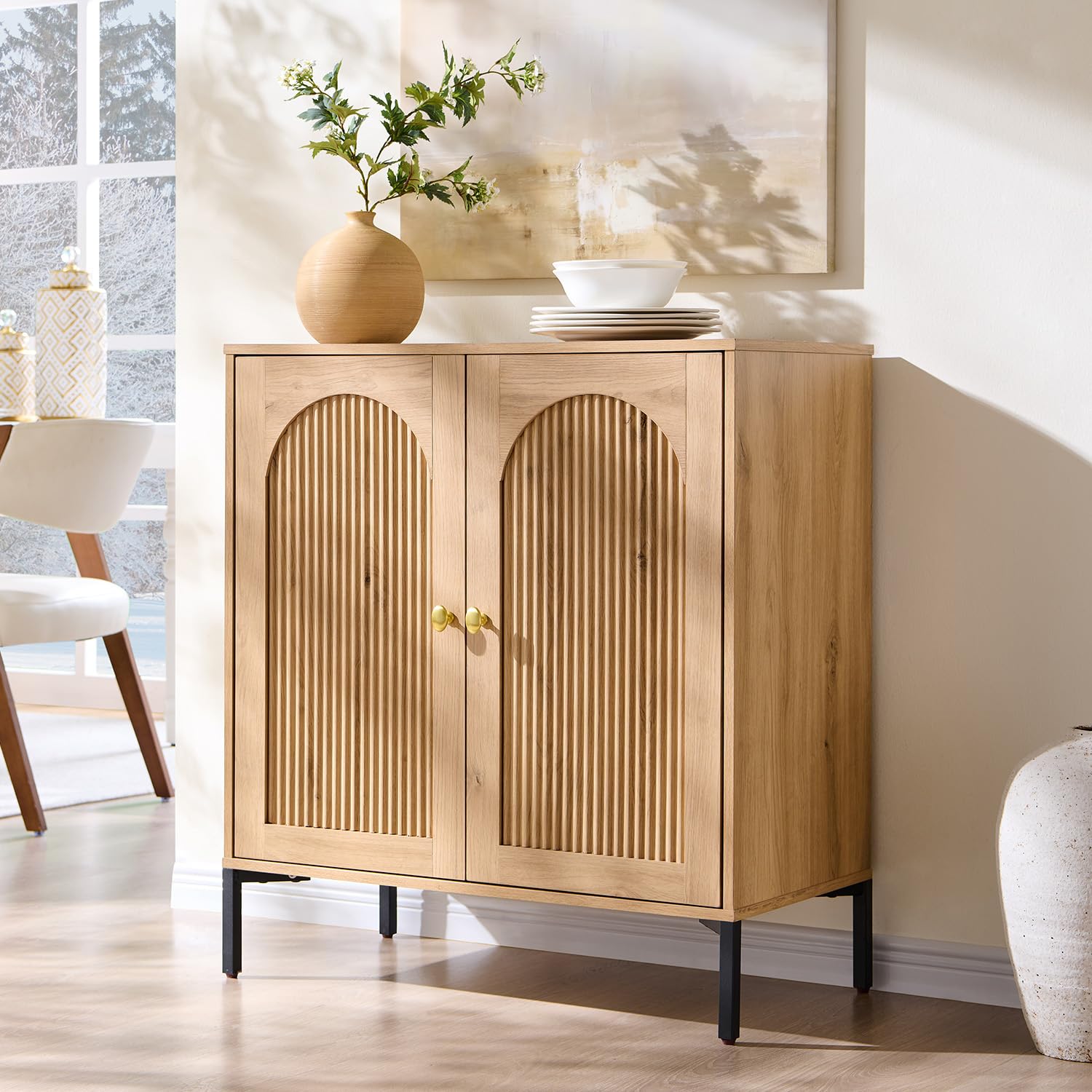 IFGET Modern Buffet Cabinet with Storage, 92.63" W Fluted Arched Sideboard Cabinet w/Adjustable Shelves, Wooden Modular Coffee Bar for Dining Room, Kitchen, Living Room, Entryway, Natural