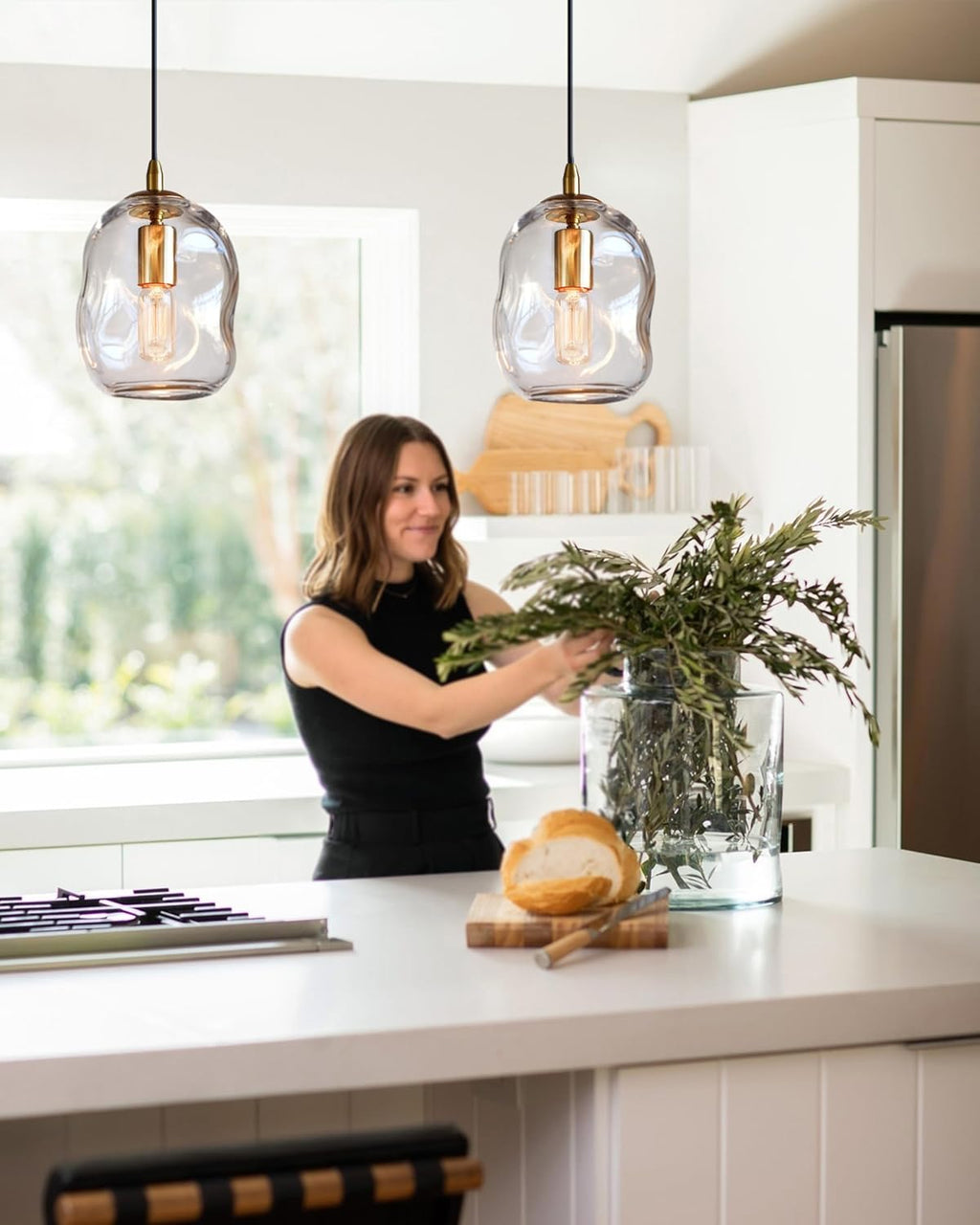 CASAMOTION Pendant Lights Kitchen Island 2 Pack Modern Contemporary Clear Glass Organic Globe Brass Gold Hanging Light Adjustable Cord Bedroom Dining Table Small Medium Lamp 8 Inch Height