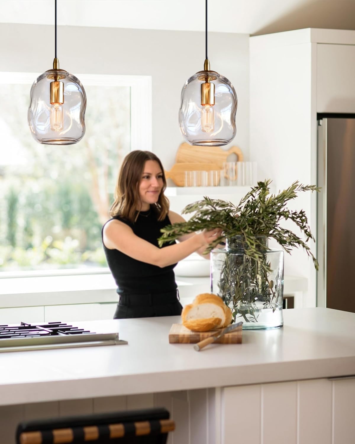 CASAMOTION Pendant Lights Kitchen Island 2 Pack Modern Contemporary Clear Glass Organic Globe Brass Gold Hanging Light Adjustable Cord Bedroom Dining Table Small Medium Lamp 8 Inch Height