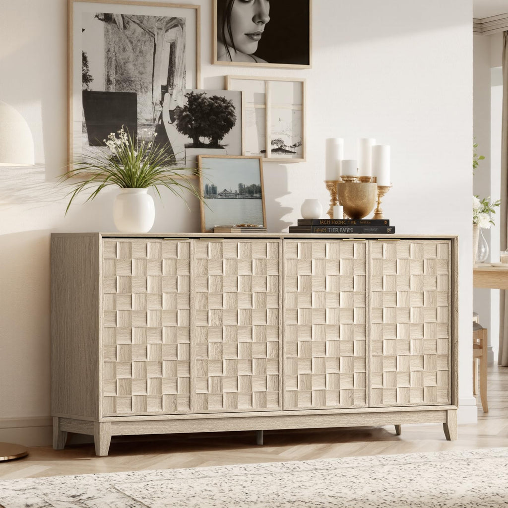 COLAMY Fluted Sideboard Cabinet with Storage – Solid Wood Buffet for Dining Room, Credenza Console with Adjustable Shelves, Walnut Finish, Mid Century Modern Style,Walnut Black