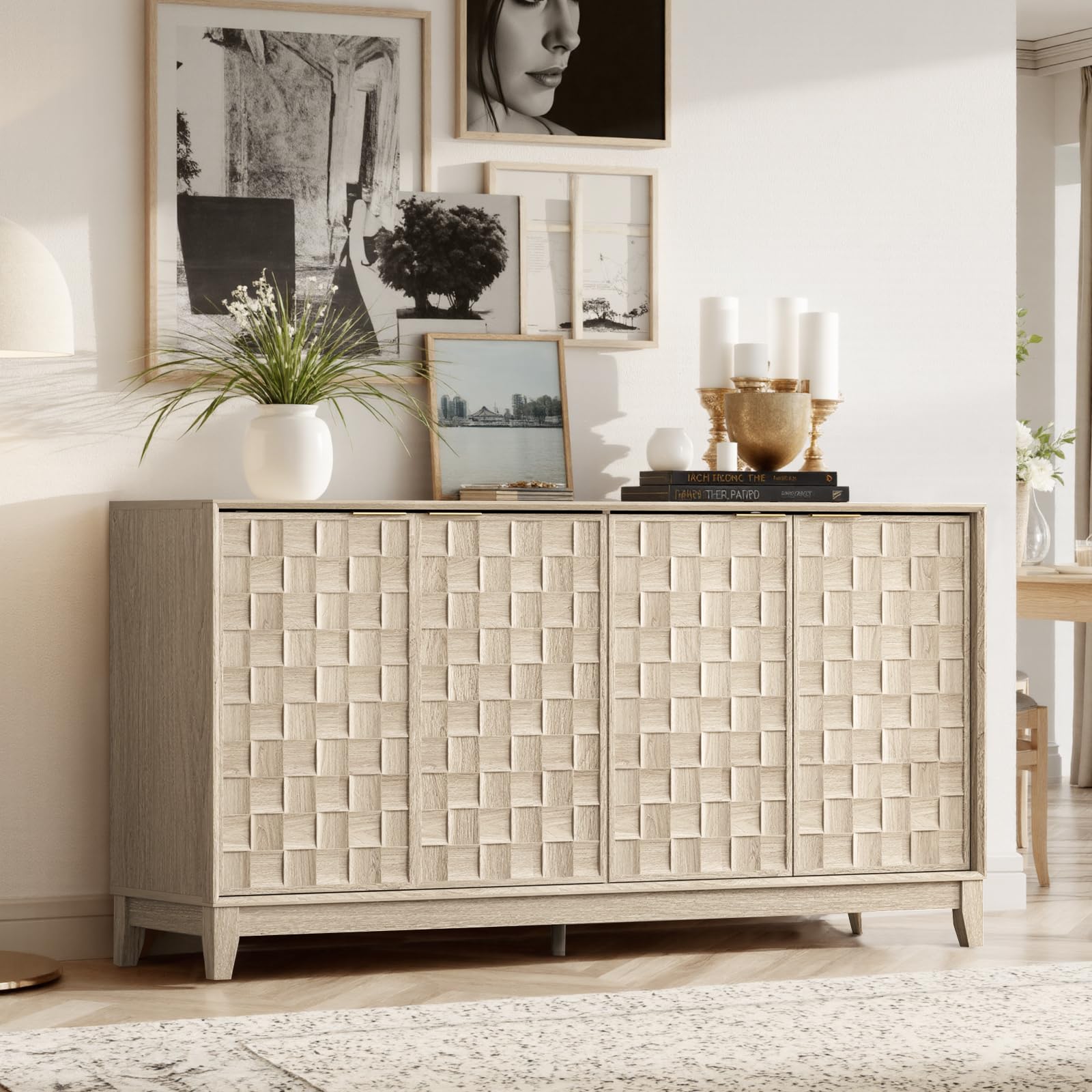 COLAMY Fluted Sideboard Cabinet with Storage – Solid Wood Buffet for Dining Room, Credenza Console with Adjustable Shelves, Walnut Finish, Mid Century Modern Style,Walnut Black