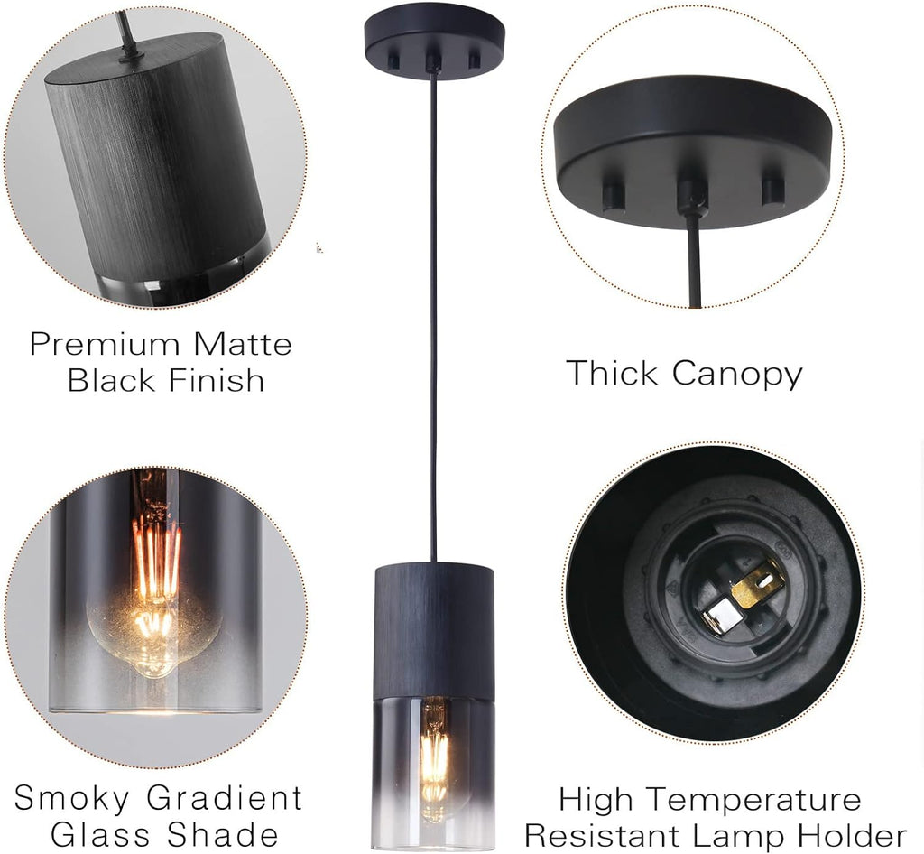 3-Pack Black Pendant Light Fixtures, Adjustable Modern Pendant Lights for Kitchen Island, Industrial Glass Pendant Lights for Dining Table Hallway Bedroom Living Room