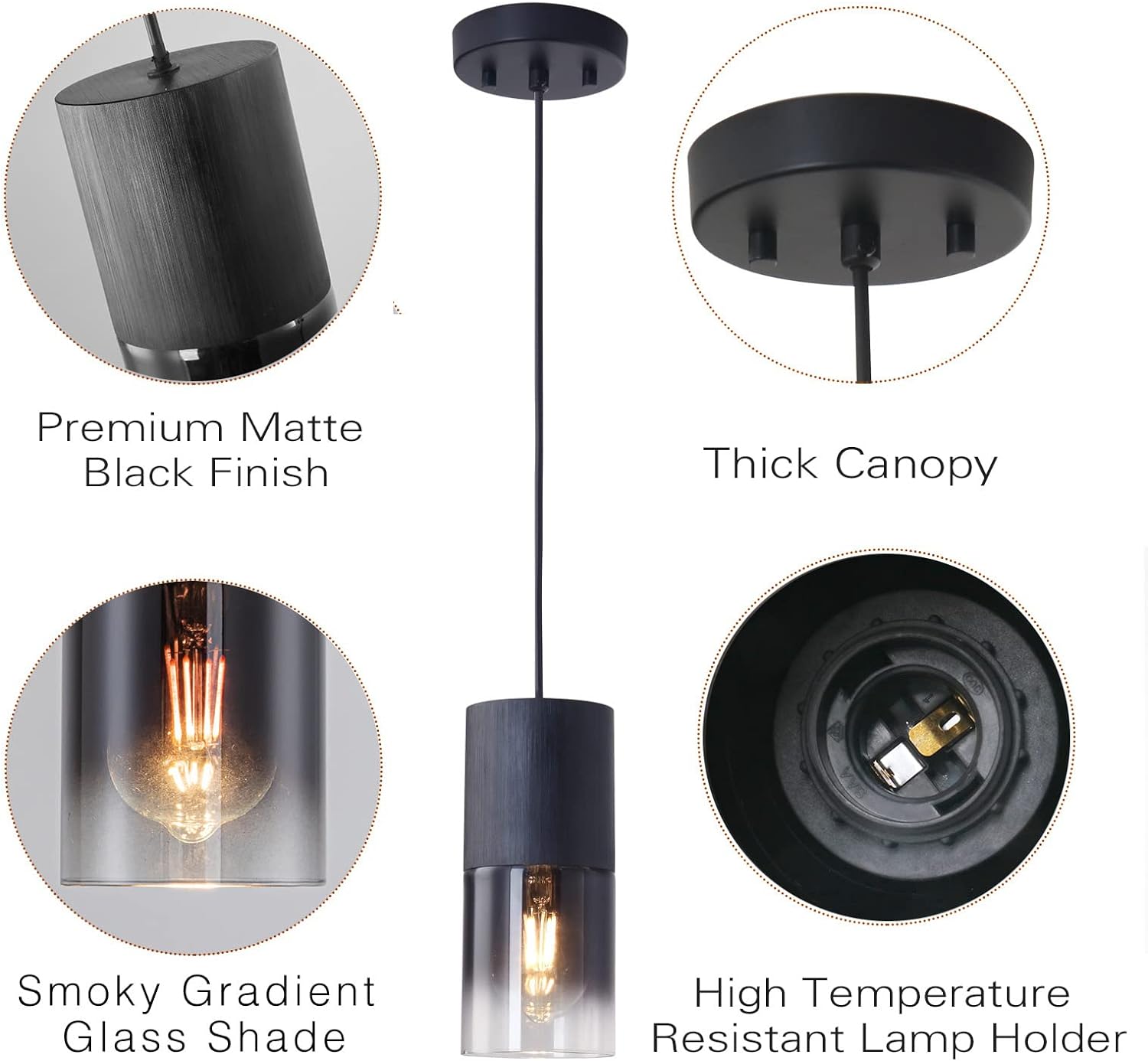3-Pack Black Pendant Light Fixtures, Adjustable Modern Pendant Lights for Kitchen Island, Industrial Glass Pendant Lights for Dining Table Hallway Bedroom Living Room