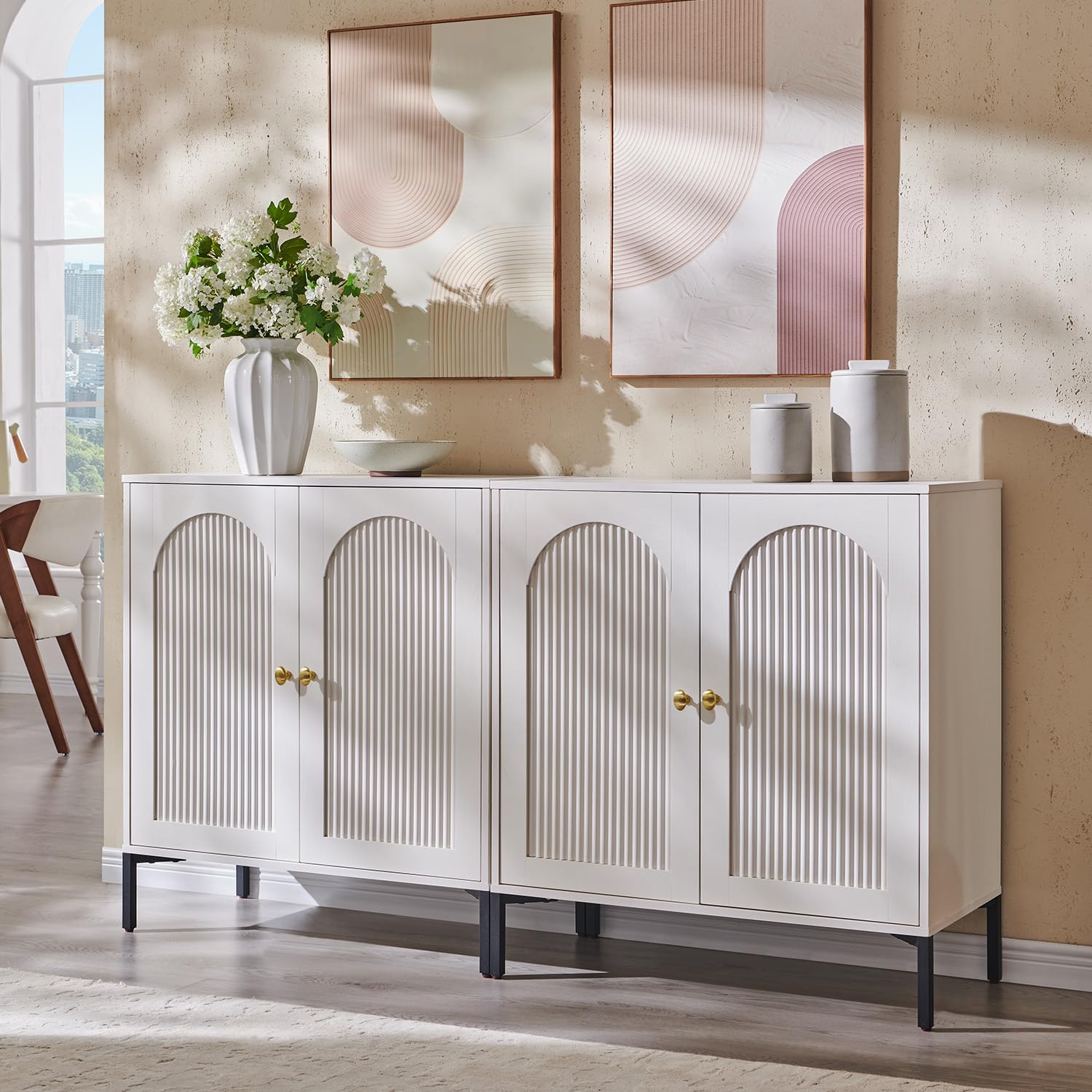 IFGET Modern Buffet Cabinet with Storage, 92.63" W Fluted Arched Sideboard Cabinet w/Adjustable Shelves, Wooden Modular Coffee Bar for Dining Room, Kitchen, Living Room, Entryway, Natural