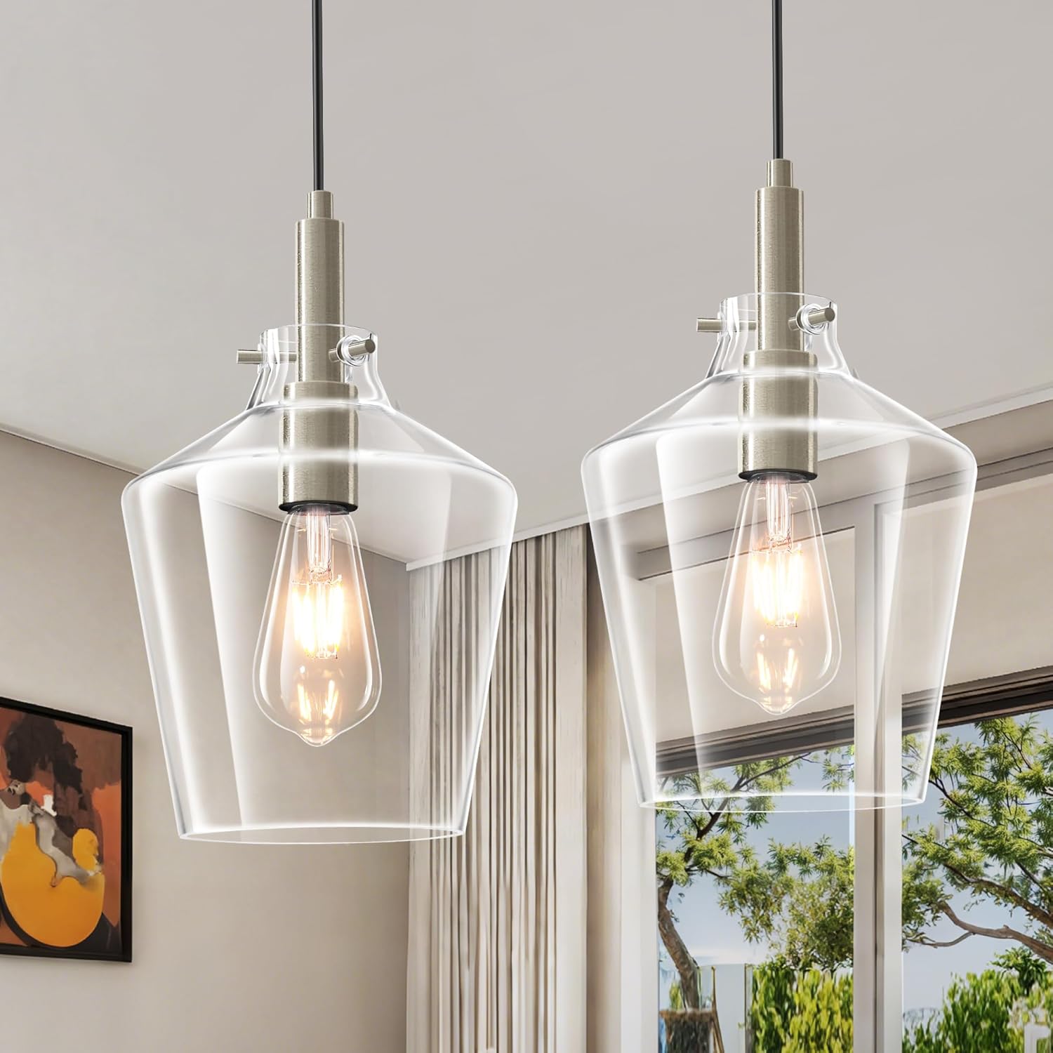 Modern Glass Pendant Lighting for Kitchen Island 2 Pack, Farmhouse Black and Gold Pendant Light Fixtures, Adjustable Hanging Ceiling Light, Angled Clear Glass Shades 8 Inch